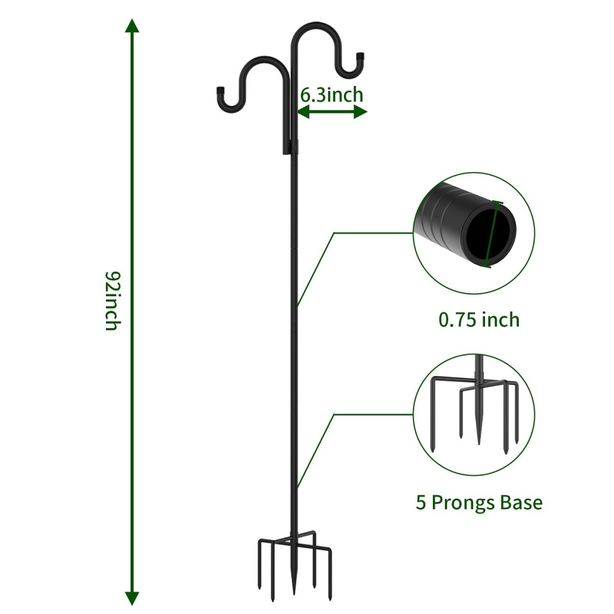 Double Shepherds Hooks for Outdoor, Bird Feeder Pole with 5 Prongs Base, Heavy Duty Garden Hook for Lantern, Wind Chime and Hummingbird Feeder, 45/62/76/92 Inch, 2 Pack - HomeDIYer