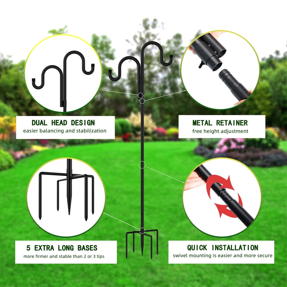 Double Shepherds Hooks for Outdoor, Bird Feeder Pole with 5 Prongs Base, Heavy Duty Garden Hook for Lantern, Wind Chime and Hummingbird Feeder, 45/62/76/92 Inch, 2 Pack - HomeDIYer