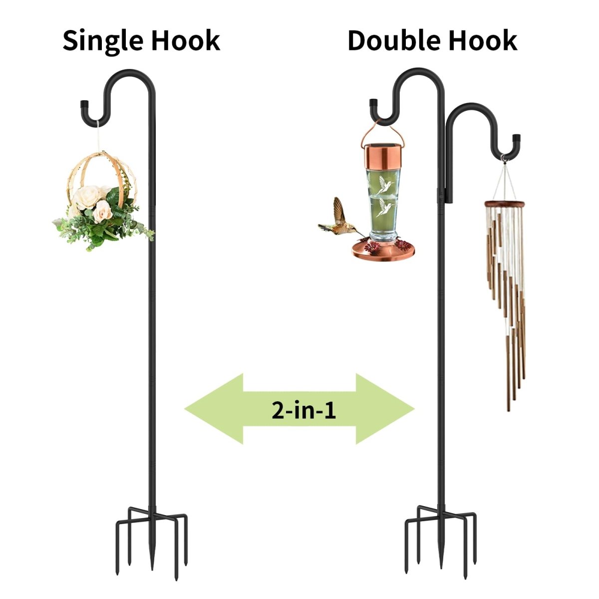 Double Shepherds Hooks for Outdoor, Bird Feeder Pole with 5 Prongs Base, Heavy Duty Garden Hook for Lantern, Wind Chime and Hummingbird Feeder, 45/62/76/92 Inch, 2 Pack - HomeDIYer