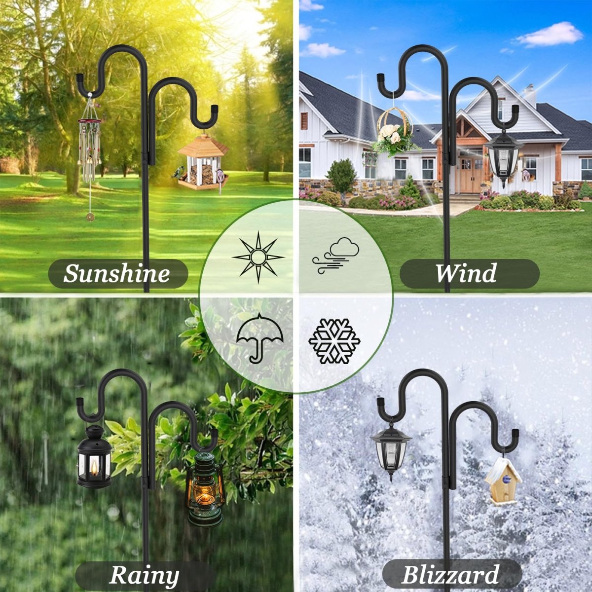 Double Shepherds Hooks for Outdoor, Bird Feeder Pole with 5 Prongs Base, Heavy Duty Garden Hook for Lantern, Wind Chime and Hummingbird Feeder, 45/62/76/92 Inch, 2 Pack - HomeDIYer