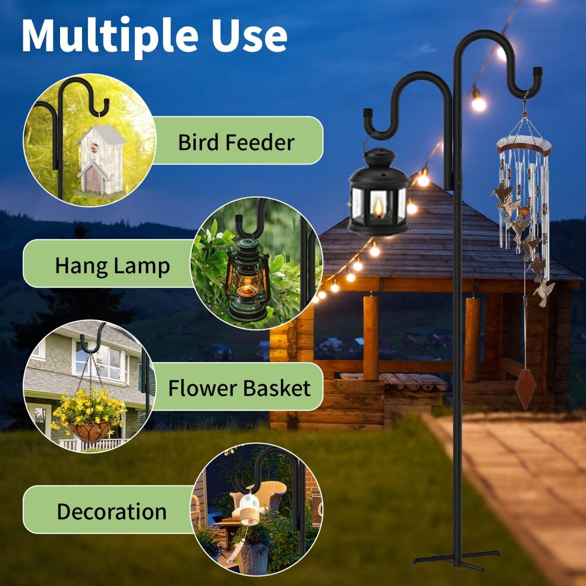 Double Shepherds Hooks for Outdoor, Bird Feeder Pole with 5 Prongs Base, Heavy Duty Garden Hook for Lantern, Wind Chime and Hummingbird Feeder, 45/62/76/92 Inch, 2 Pack - HomeDIYer