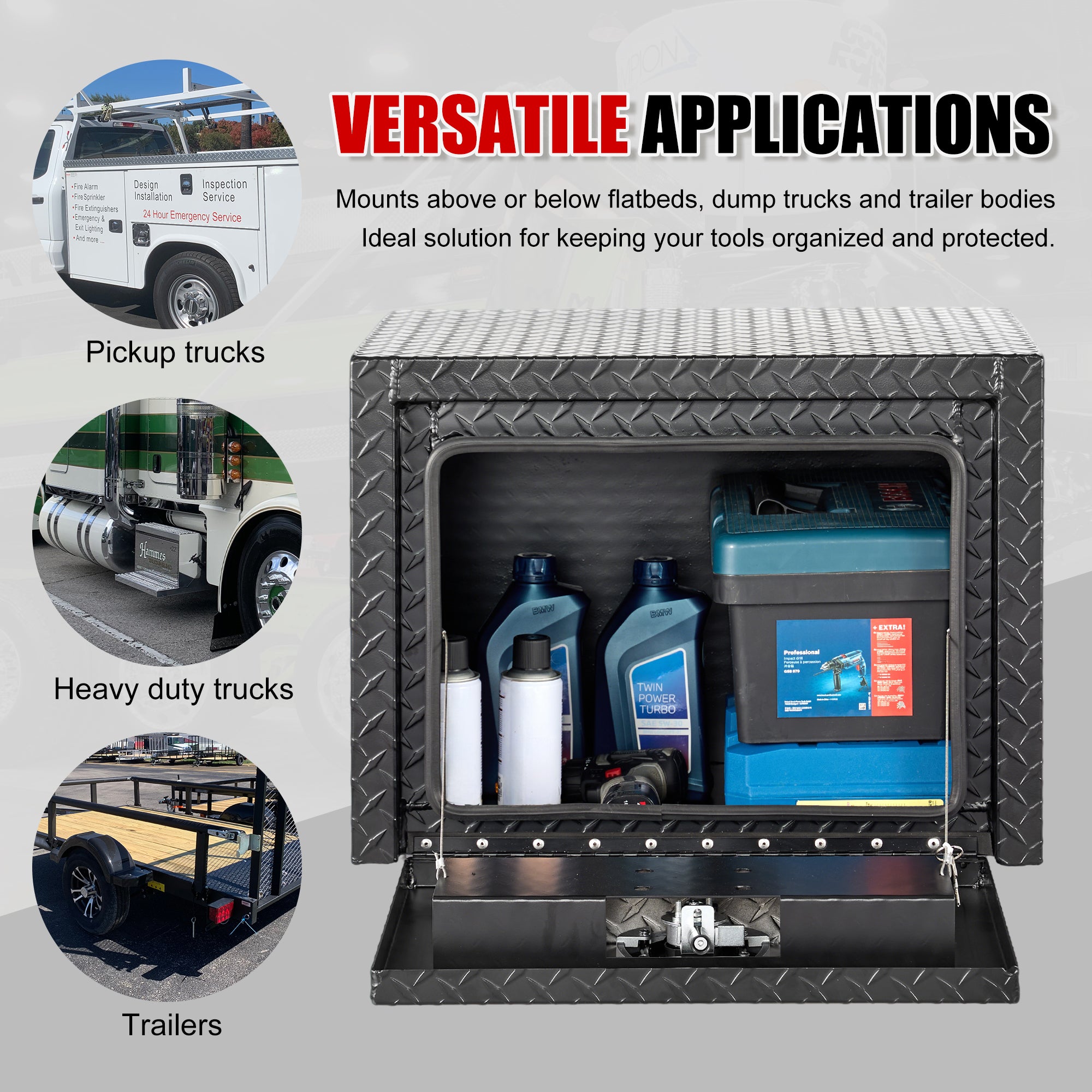 24" Aluminum Underbody Truck Tool Box — Matte Black Diamond Plate, Waterproof & Lockable, Ideal for Pickup, ATV, RV