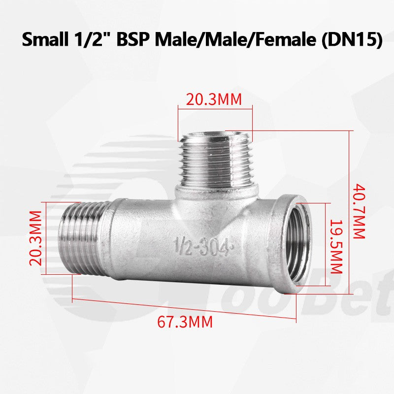 304 Stainless Steel BSP Tee Pipe Fitting — Male & Female Thread, 1/2" to 2"