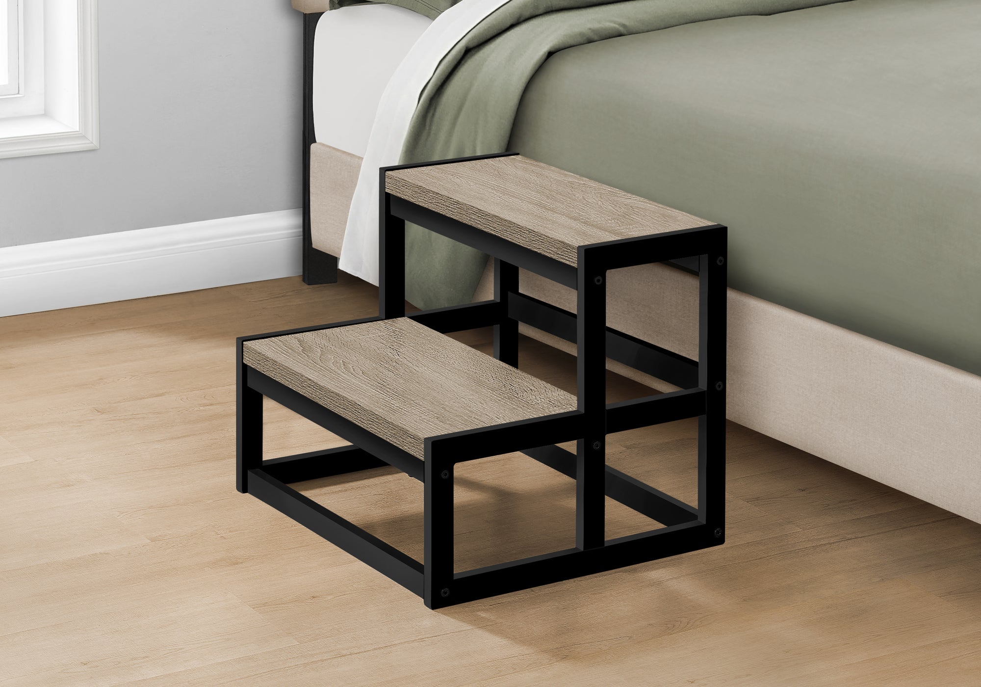 Contemporary 2‑Step Stool — Dark Taupe Laminate, Black Metal Frame, 300 lb Capacity