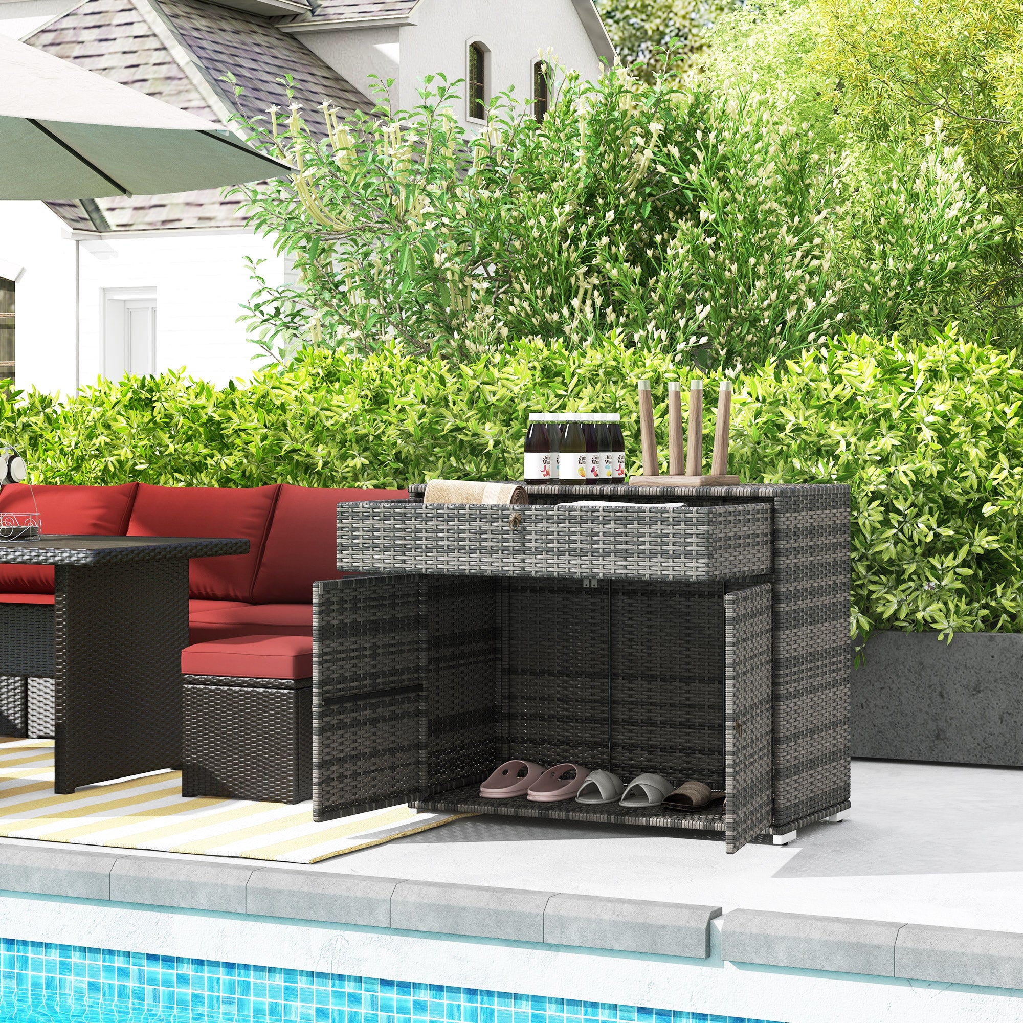 Outsunny Outdoor Towel Rack & Pool Toy Cabinet, Hot Tub Accessory Storage, Freestanding PE Rattan Wicker Cabinet with Drawer for Indoor, Outdoor Swimming Pool, Spa, Gray