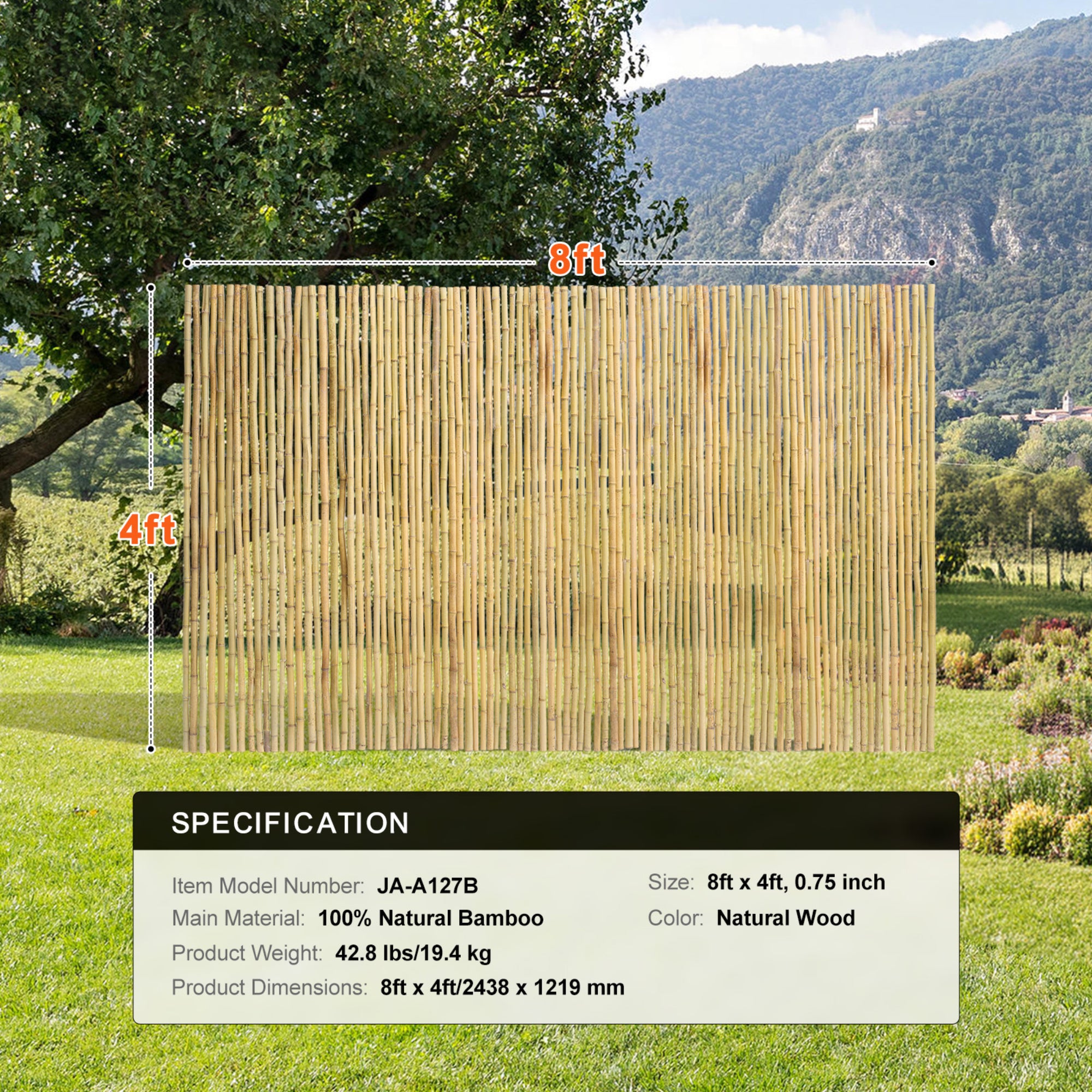 4ft H x 8ft L Natural Moso Bamboo Privacy Fence Roll — Extended Length Outdoor Screen & Garden Decor