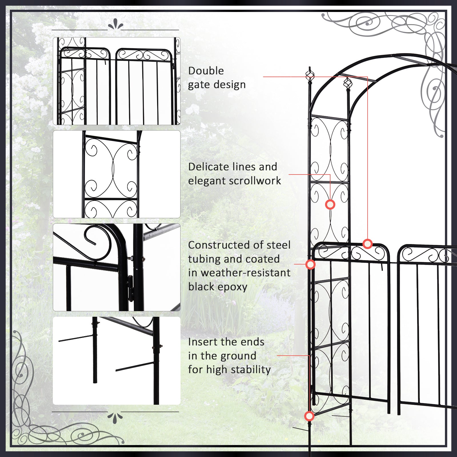 Outsunny 84" Garden Arch Arbor with Gate, Metal Arch Trellis, Garden Archway for Climbing Vines, Wedding Ceremony Decoration, Flourishes & Arrow Tips, Black