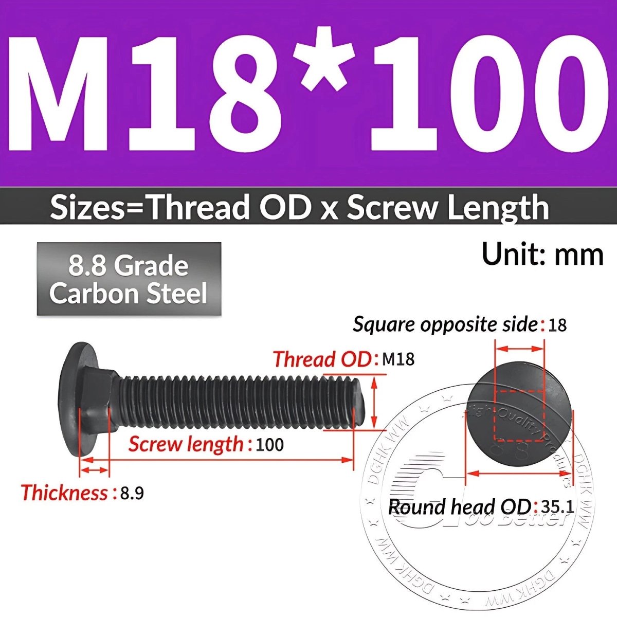 Black 8.8 Grade Steel Carriage Bolts | Cup Square Dome Head | M6–M24 - HomeDIYer