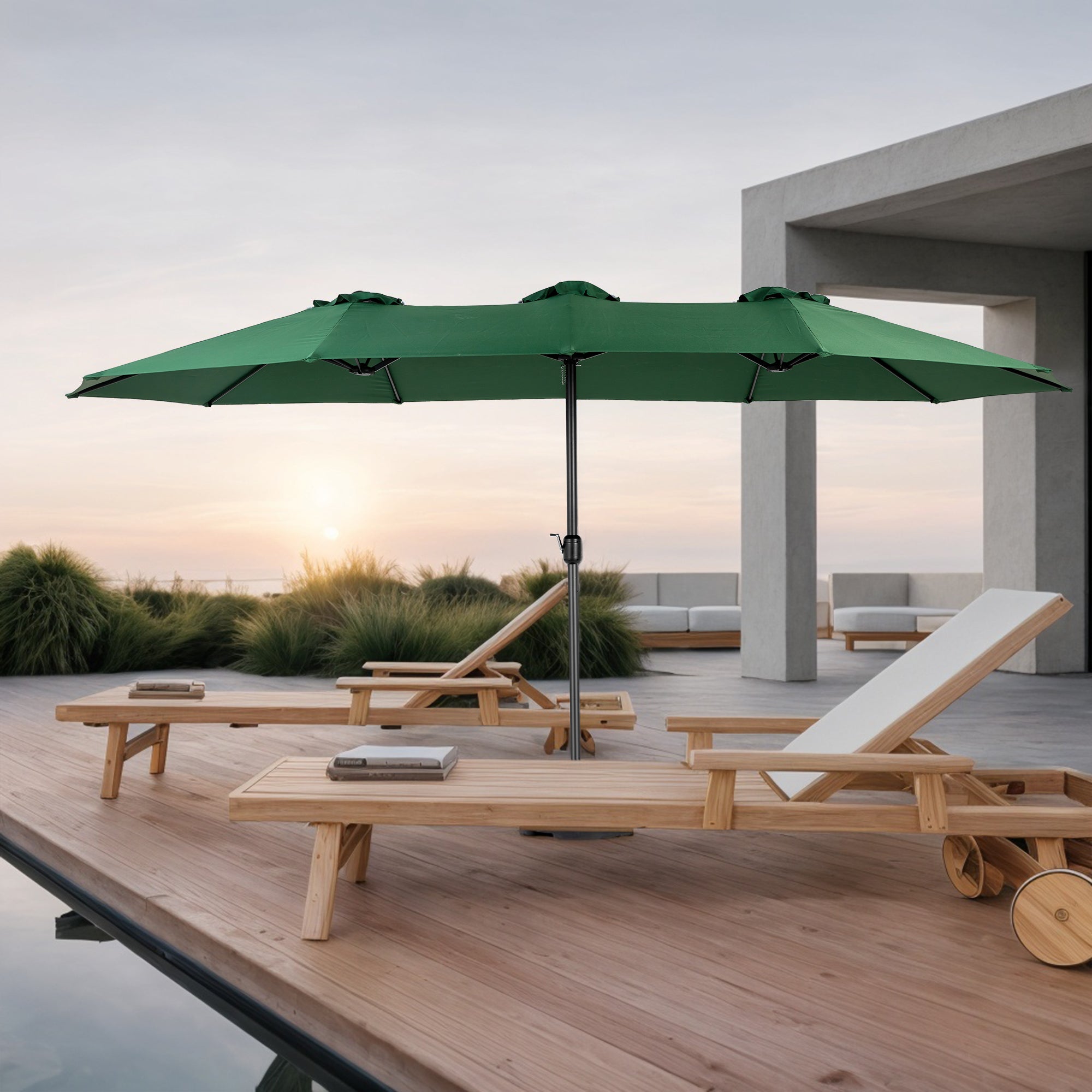 14.8 ft Double-Sided Rectangular Patio Umbrella, 12-Rib Steel Frame, 180G Polyester, Crank – Dark Green (Base Not Included)