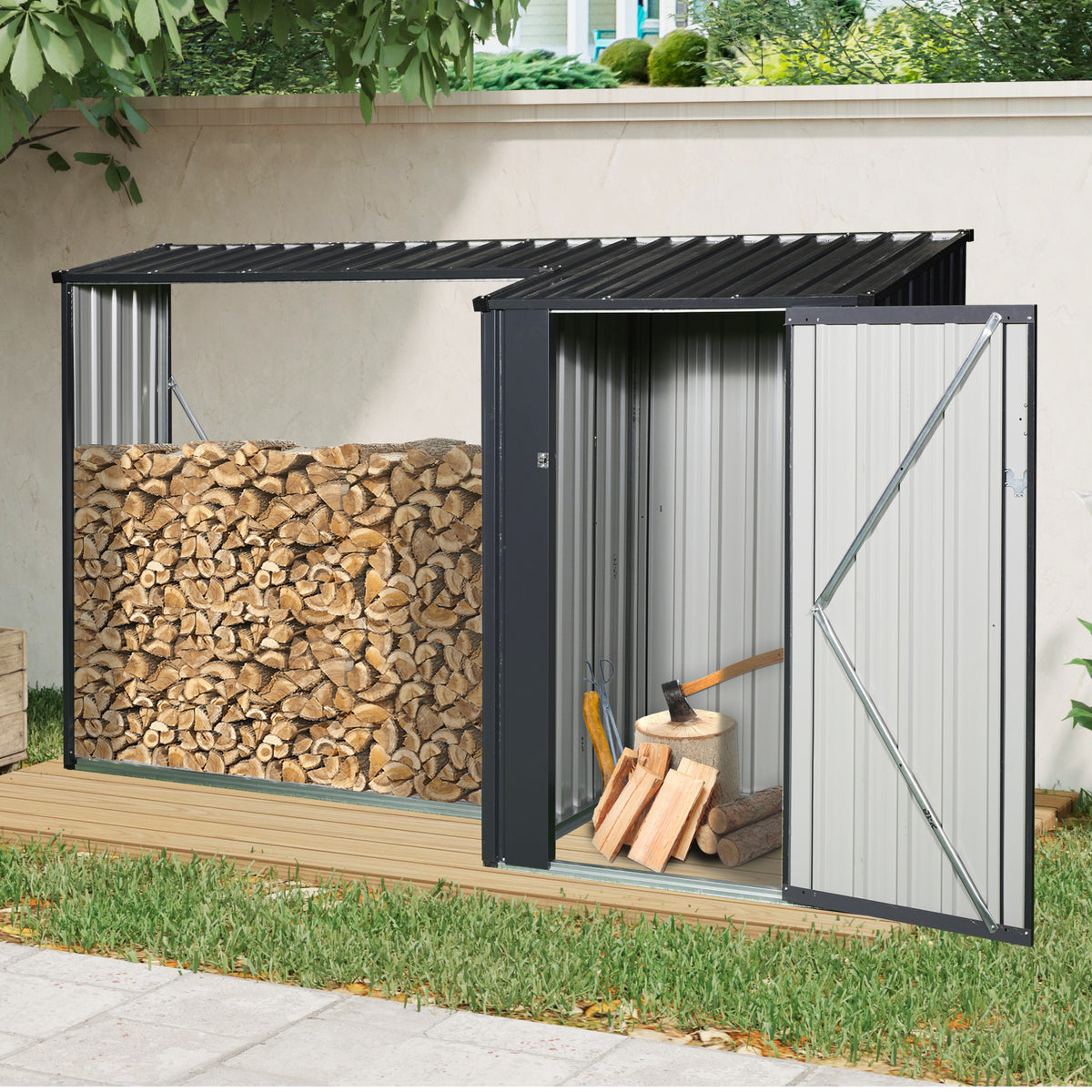 Outdoor Steel Firewood Rack and Metal Storage Shed 2-in-1 with Sloped Roof, Black, 102.75"L x 38.3"W x 63.75"H