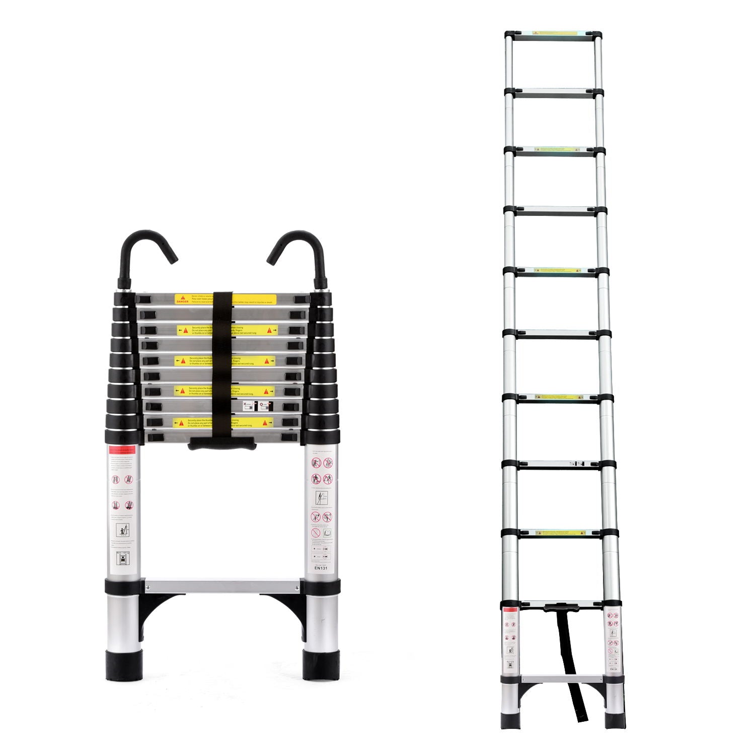 10.5FT Retractable Aluminum Ladder — Dual Locking Rungs, 330 lb Capacity, Antique Silver, Includes Hooks