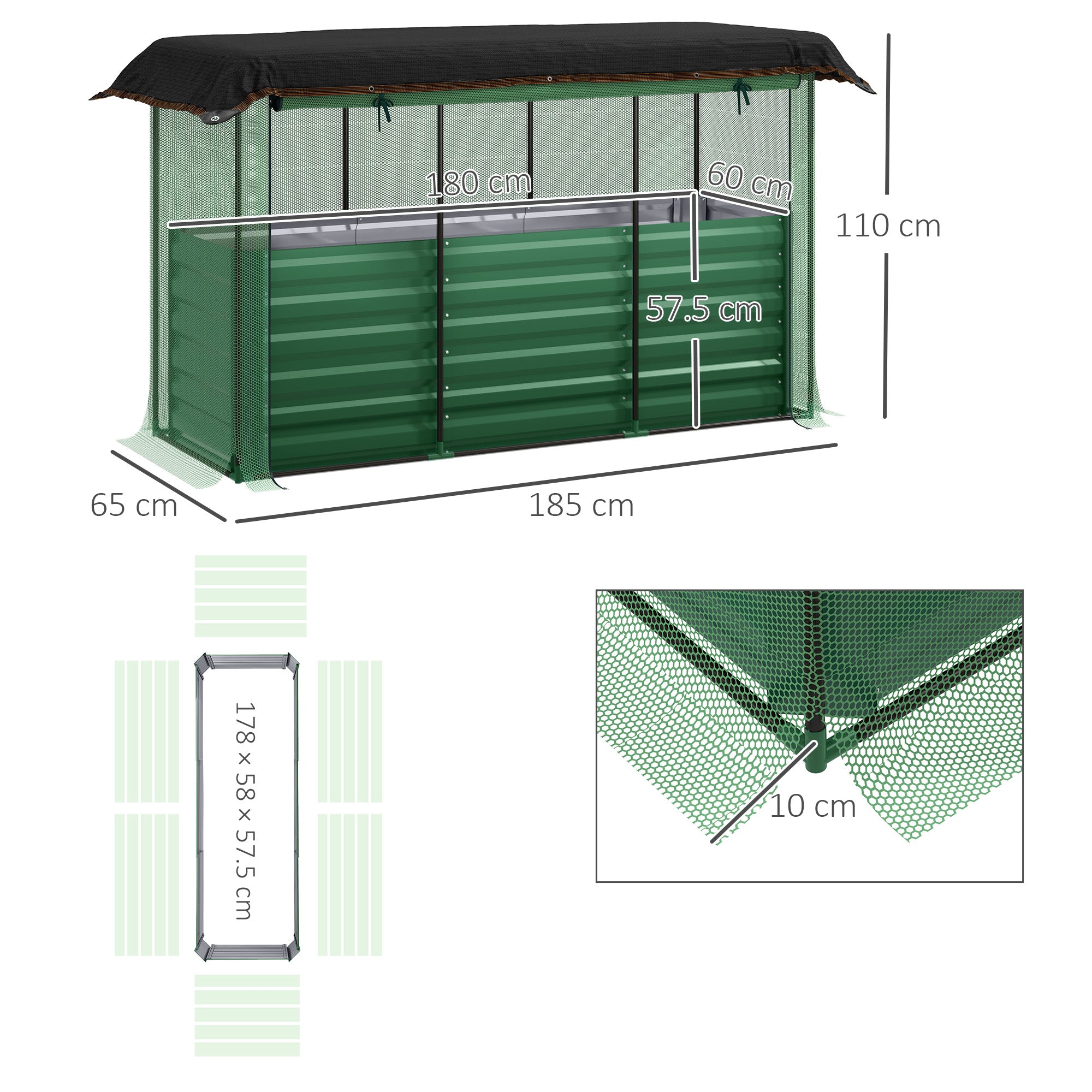 Galvanized Raised Garden Bed, Planter Box with Crop Cage and Shade Cloth, Green
