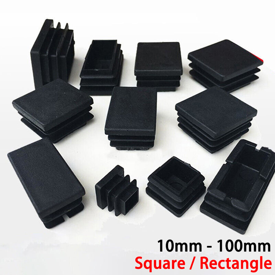 Black square/rectangle plastic blanking end caps—close-up of solid construction for tube pipe inserts