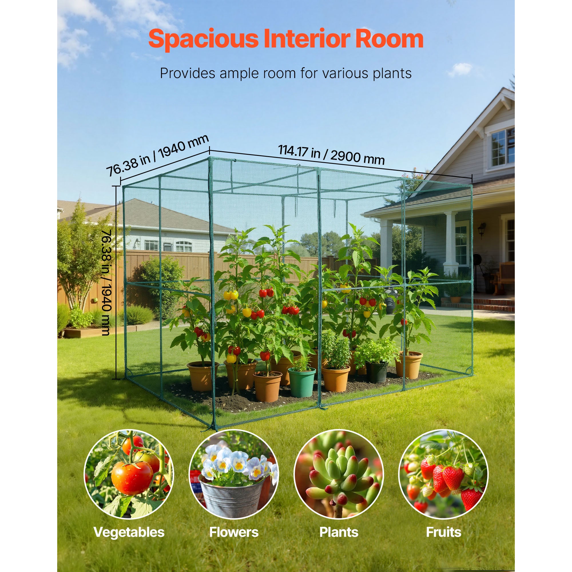 9.5ft x 6.36ft x 6.36ft Walk‑In Crop Cage — Tall Plant Protection Tent Zippered Door & Wind‑Resistant Frame Black Green