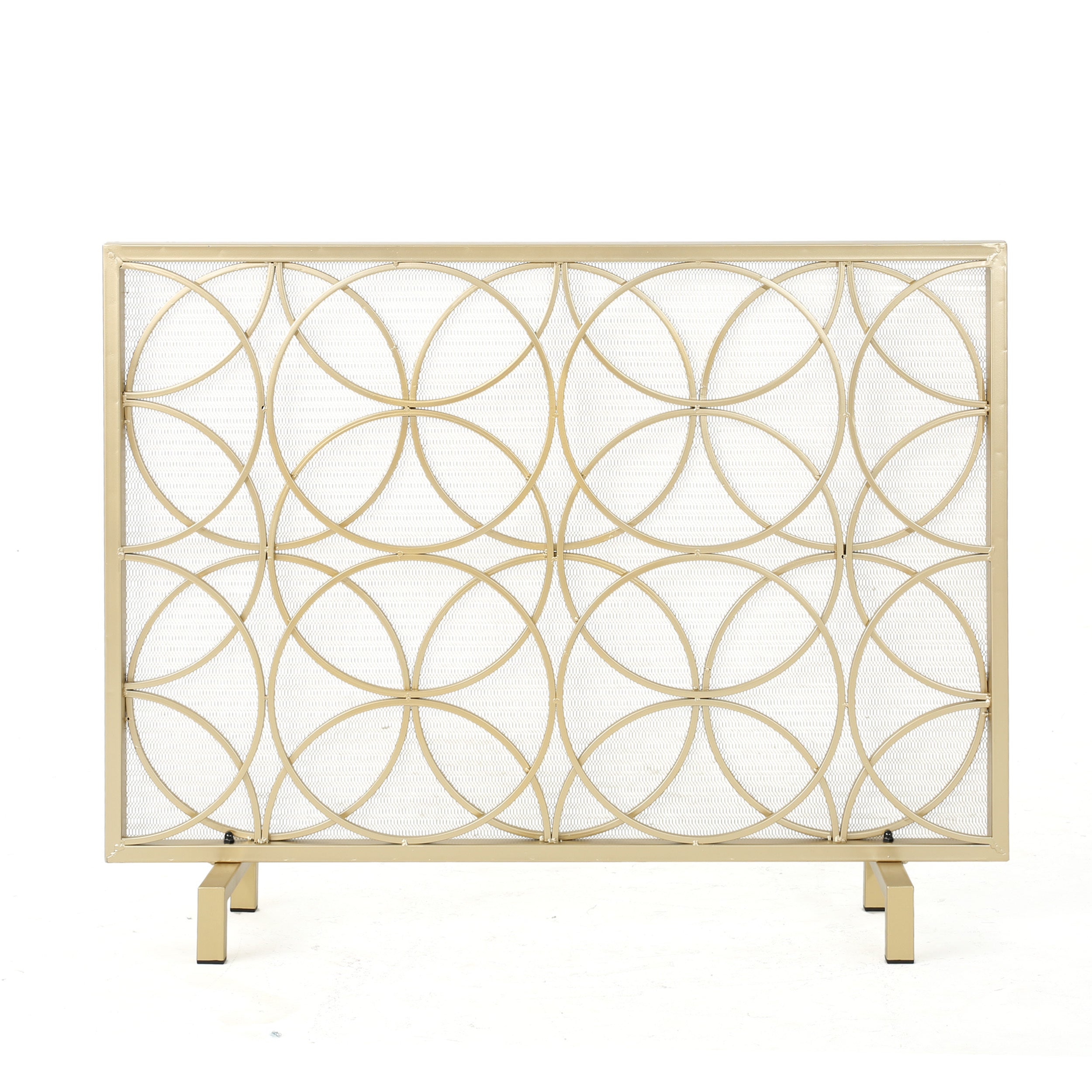 Thayer Single Panel Iron Fireplace Screen, Overlapping Circle Geometric Design, Gold