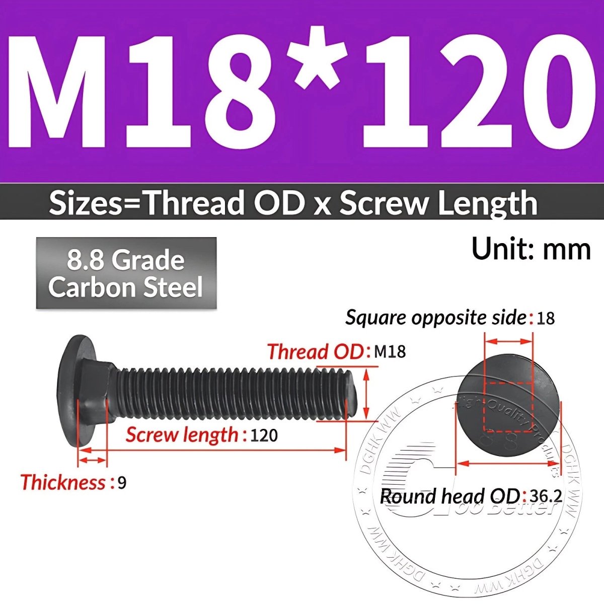 Black 8.8 Grade Steel Carriage Bolts | Cup Square Dome Head | M6–M24 - HomeDIYer