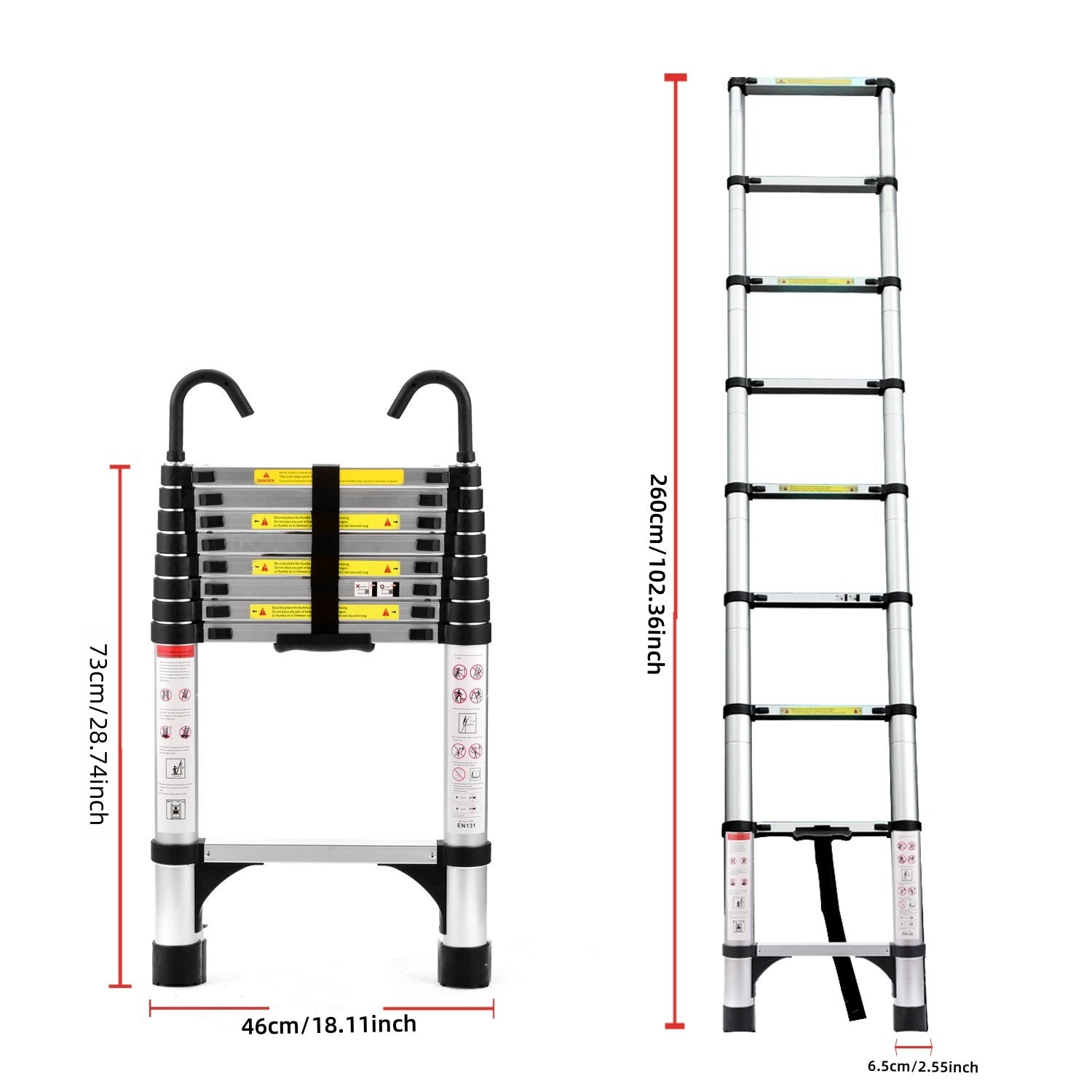 8.5FT Telescopic Aluminum Ladder with Hooks & Stabilizer — Antique Silver, Multi‑Purpose Folding for Home & RV