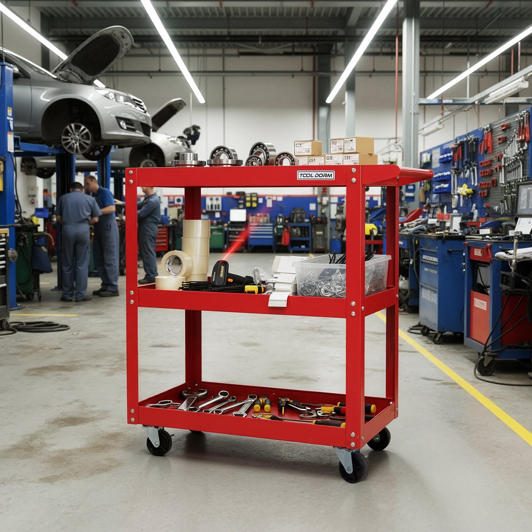 Tool Dorm Utility Service Cart, 3 Shelf 200LBS Heavy Duty Steel Rolling Utility Cart, Medium Lipped Shelf, 360° Swivel Wheels, Ergonomic Storage Handle for Warehouse Garage, Red