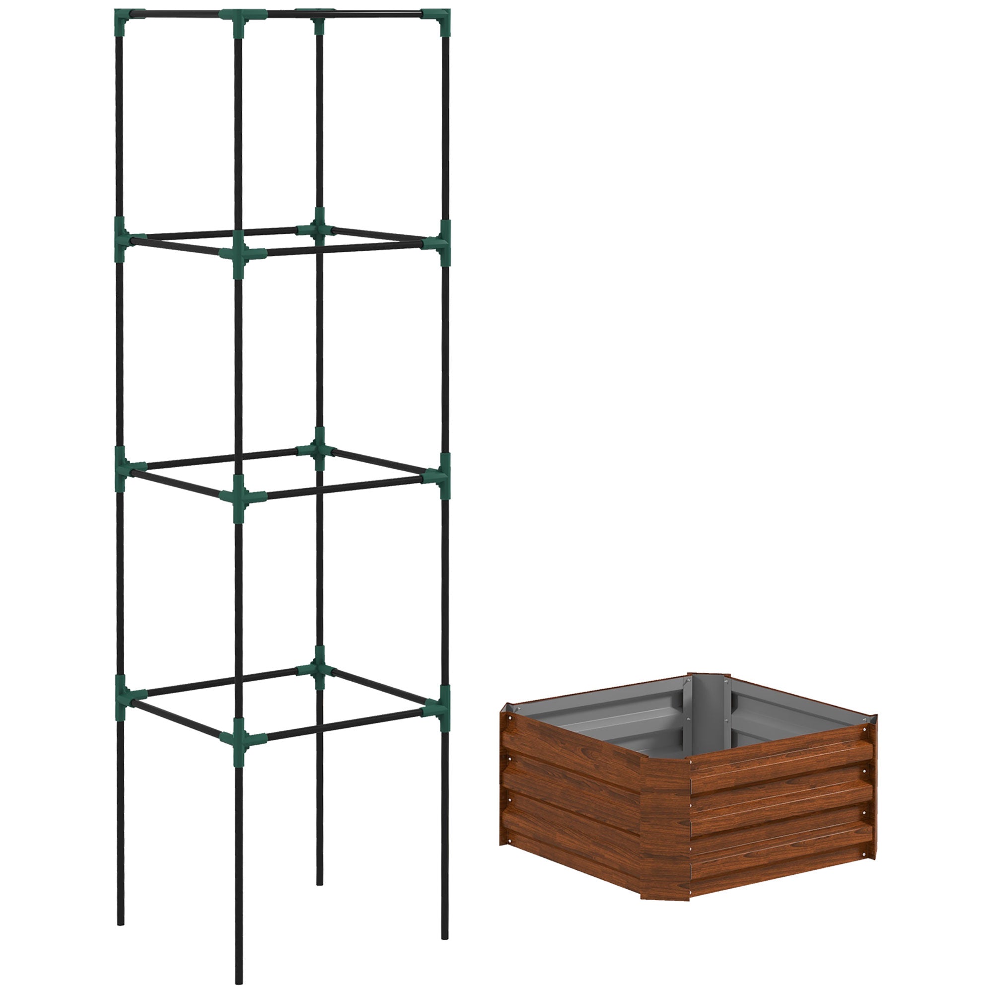 Outsunny Galvanized Raised Garden Bed, 24" x 24" x 11.75" Outdoor Planter Box with Trellis Tomato Cage and Open Bottom for Climbing Vines, Vegetables, Flowers in Backyard, Garden, Patio, Brown