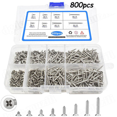 800Pcs Nickel Plated Countersunk Self Tapping Wood Screws Chipboard Screws Set
