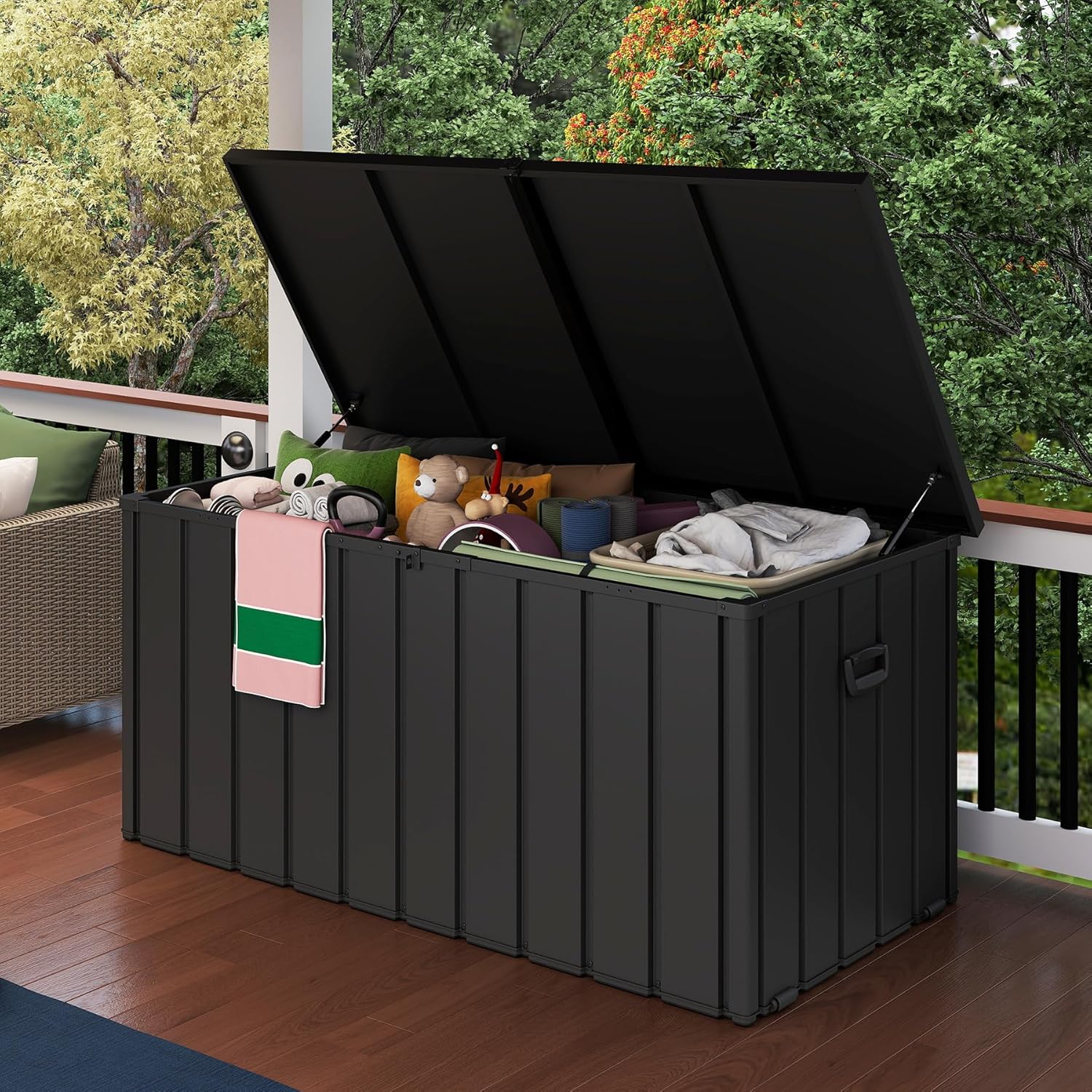 200 Gallon Metal & Plastic Deck Box – Waterproof Outdoor Storage Bench with Lockable Lid, Dark Gray