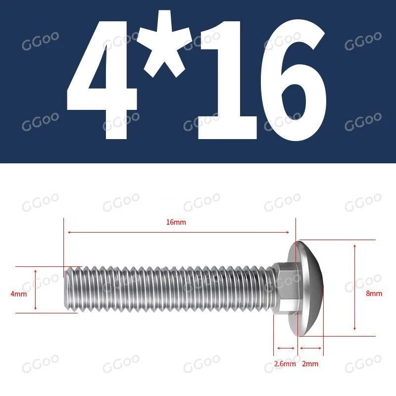 M4 Carriage Bolts – G304 Stainless Steel, DIN 603, Cup Square Dome Head - HomeDIYer