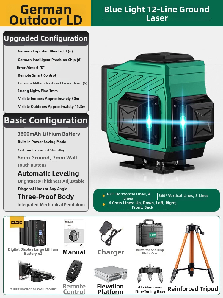 Professional Laser Level Kit – 12/16 Line Green & Blue Beam Self-Leveling with Dual Battery & Tripod