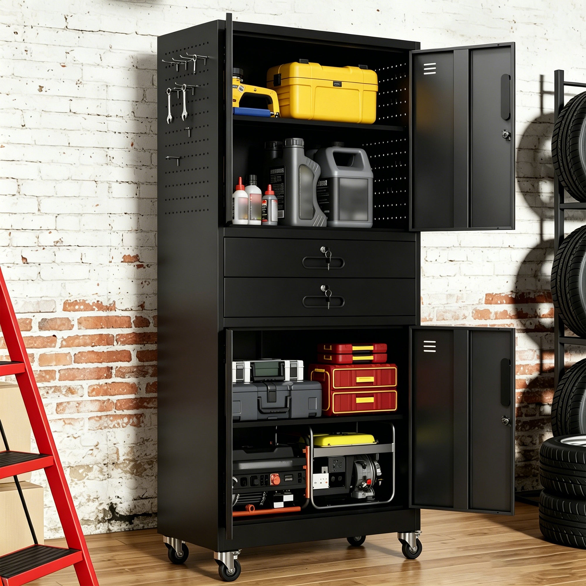 71" Metal Garage Storage Cabinet with Two Drawers, Pegboard Door, Locking Doors & Rolling Wheels, 720 lb Capacity