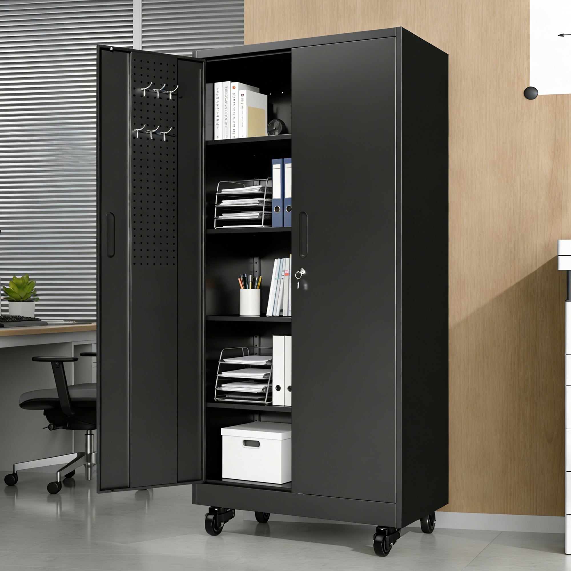71" Lockable Metal Garage Storage Cabinet with Pegboard Doors & Wheels, 4 Adjustable Shelves, 900 lb Capacity