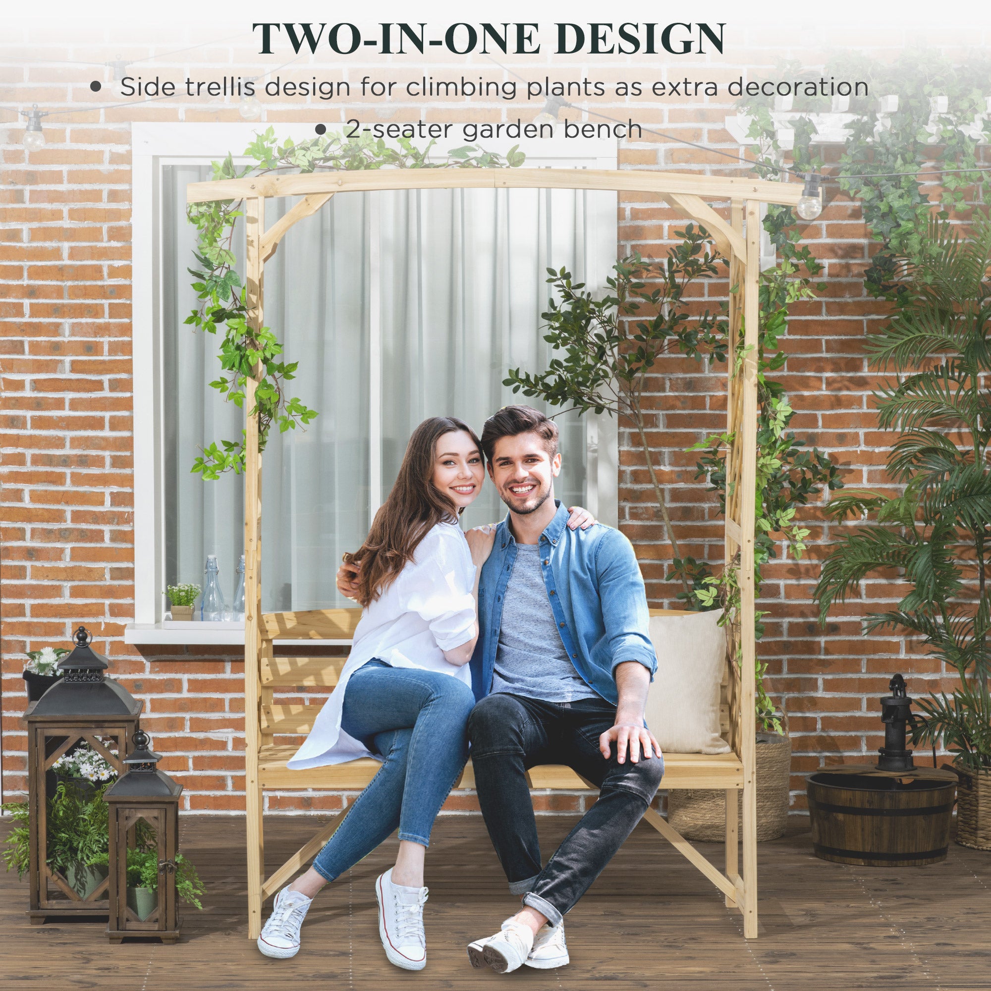 Outsunny Patio Garden Bench Arbor Arch with Pergola and 2 Trellises, 3 Seat Natural Wooden Outdoor Bench for Grape Vines & Climbing Plants, Backyard Decor, Natural
