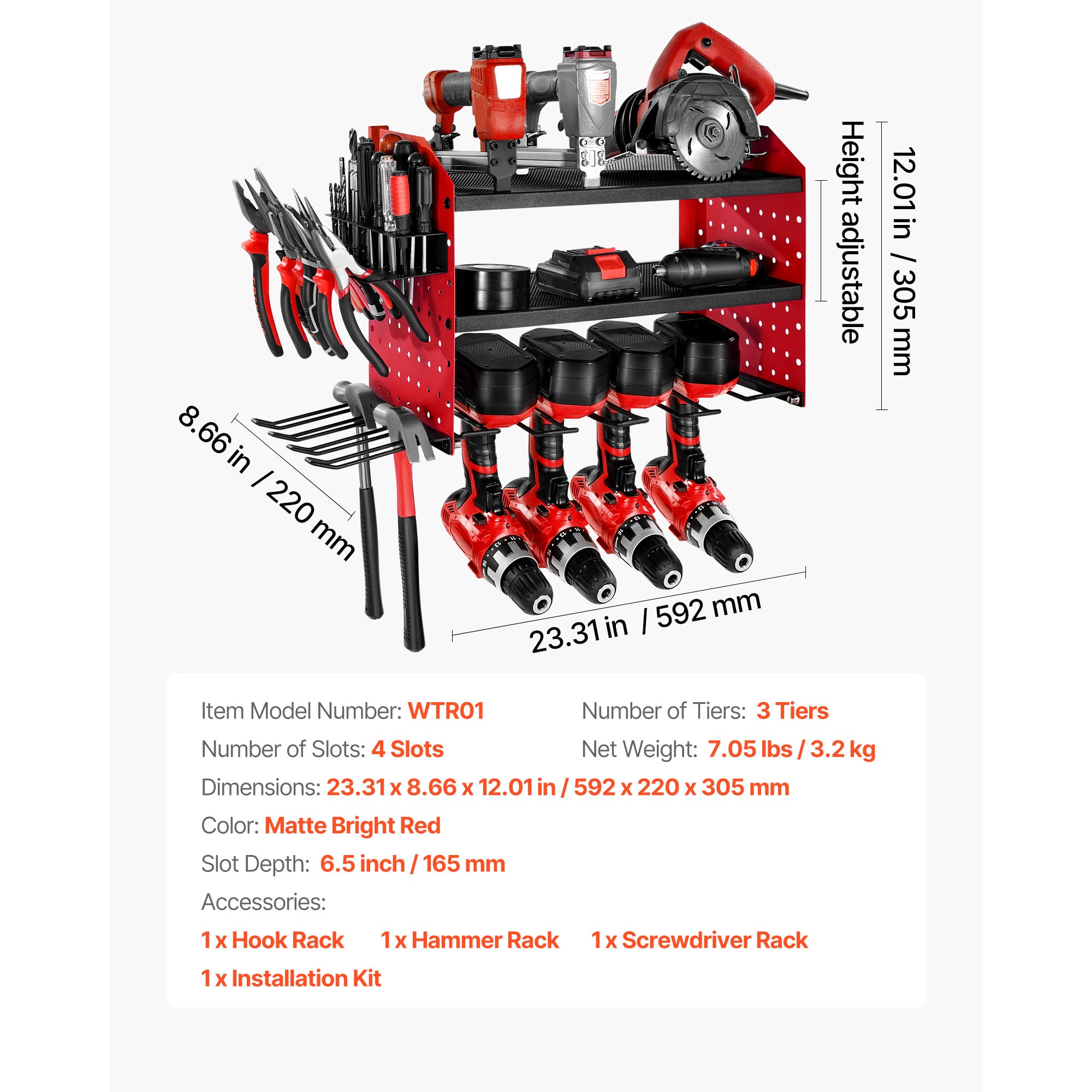 Wall Mount Power Tool Organizer, 3-Tier Rack with 4 Drill Holders & Side Pegboards, 100 lb Capacity, Q235 Steel, Red