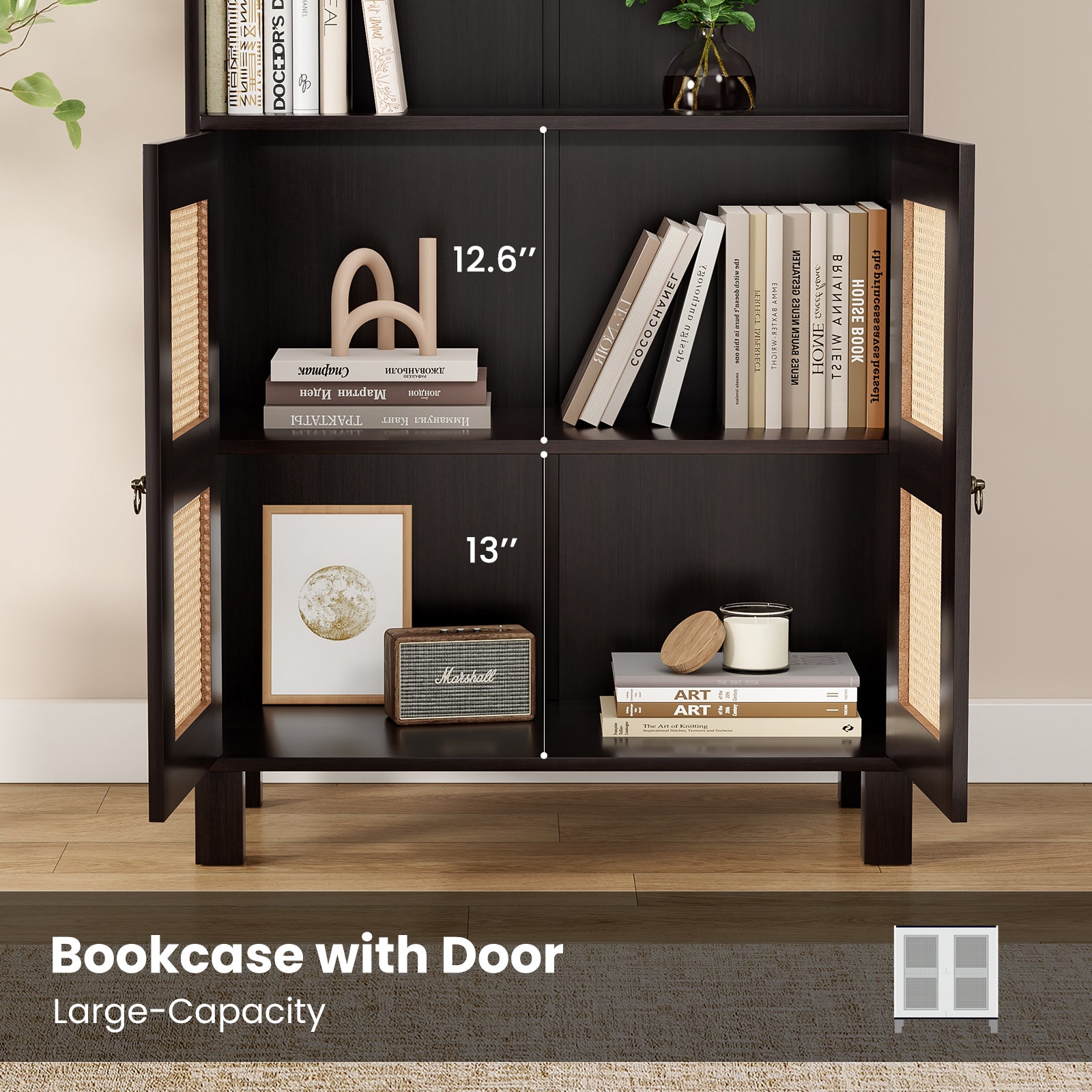 Tall Bookcase with Rattan Doors,5 Tier Storage Wood Shelves Large Bookshelf for Library Living Room Bedroom Home Office,Walnut