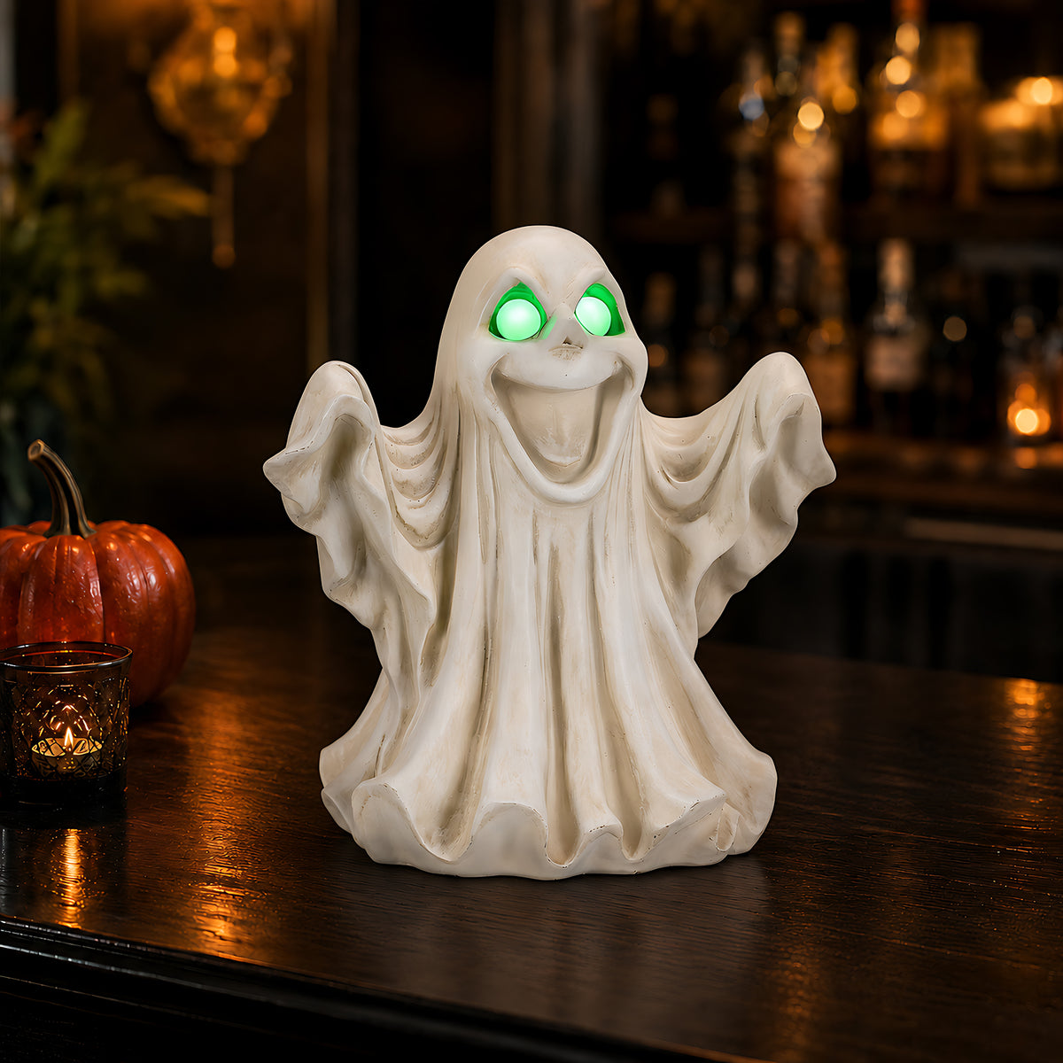 Halloween Ghost Figurine 13-Inch Resin with Green LED Lights