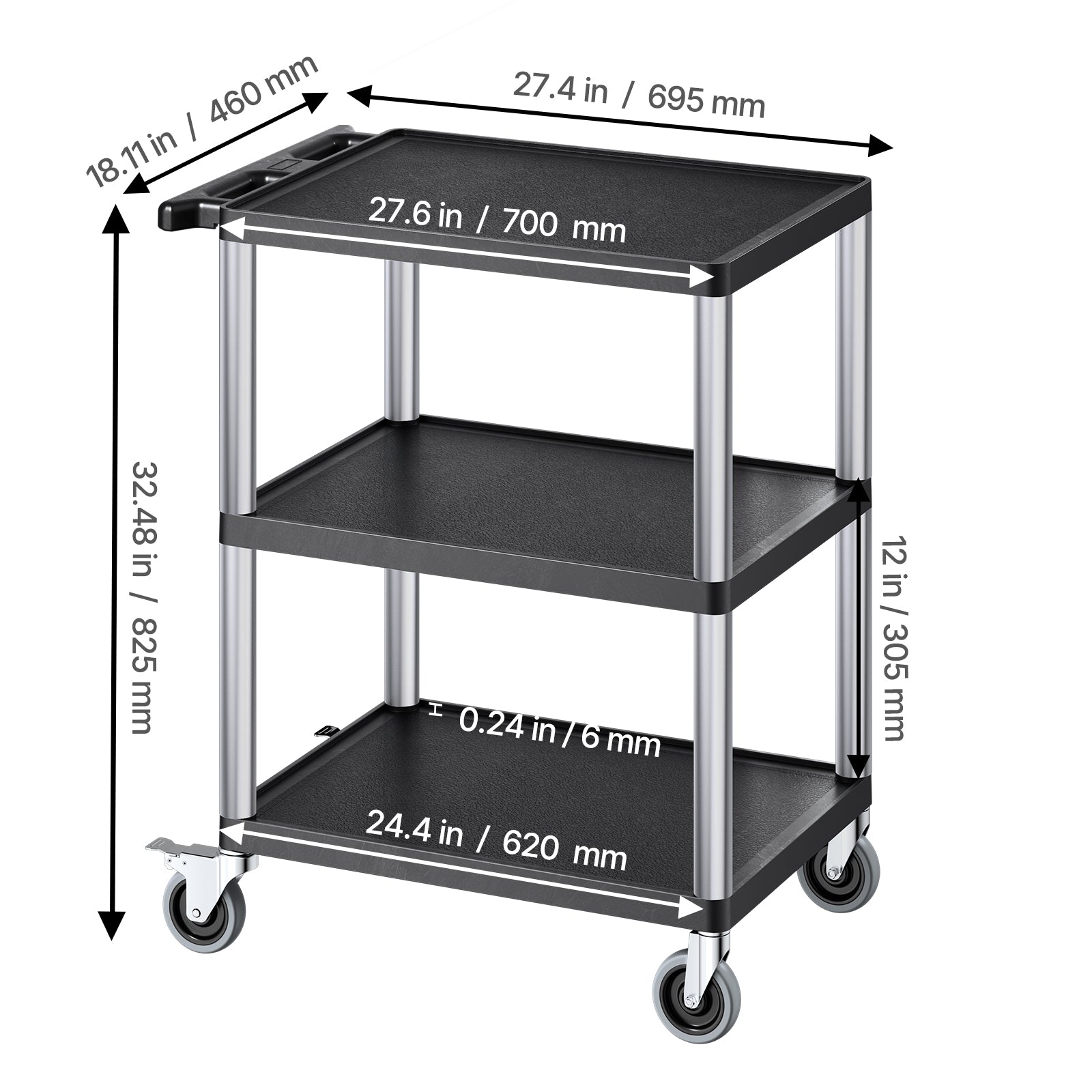 3-shelf Utility Cart 300 lbs 27.6 x 18.1-inch Service Cart with Wheels