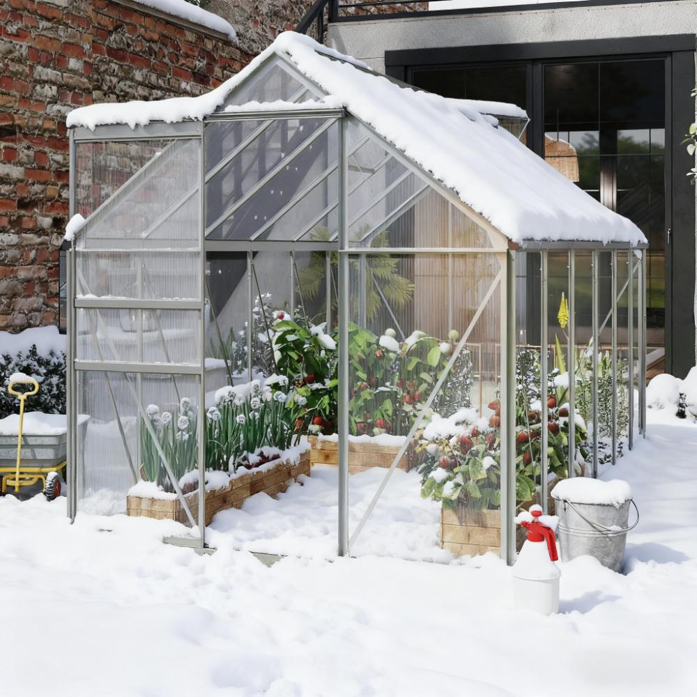 12.3ft x 6.2ft x 6.5ft Heavy‑Duty Aluminum Walk‑In Greenhouse — Polycarbonate Panels Sliding Door & Rooftop Vent Silver