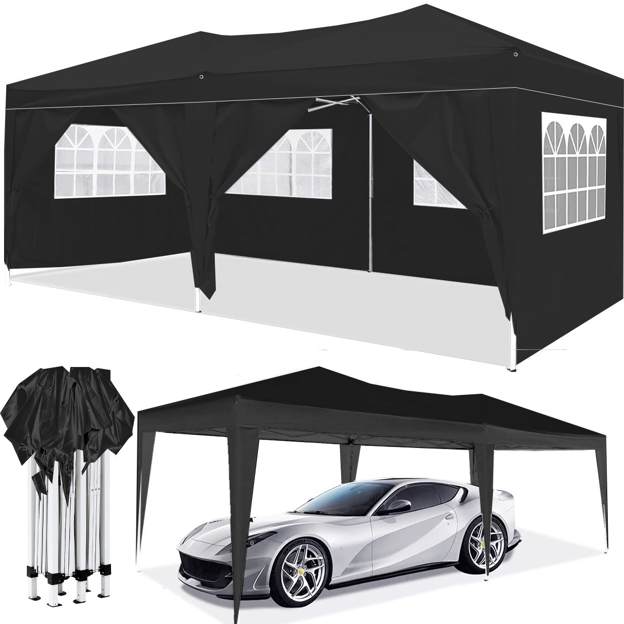10x20 ft EZ Pop-Up Canopy Tent, 6 Removable Sidewalls, UPF 50+, 4 Weight Bags & Carry Bag – Black