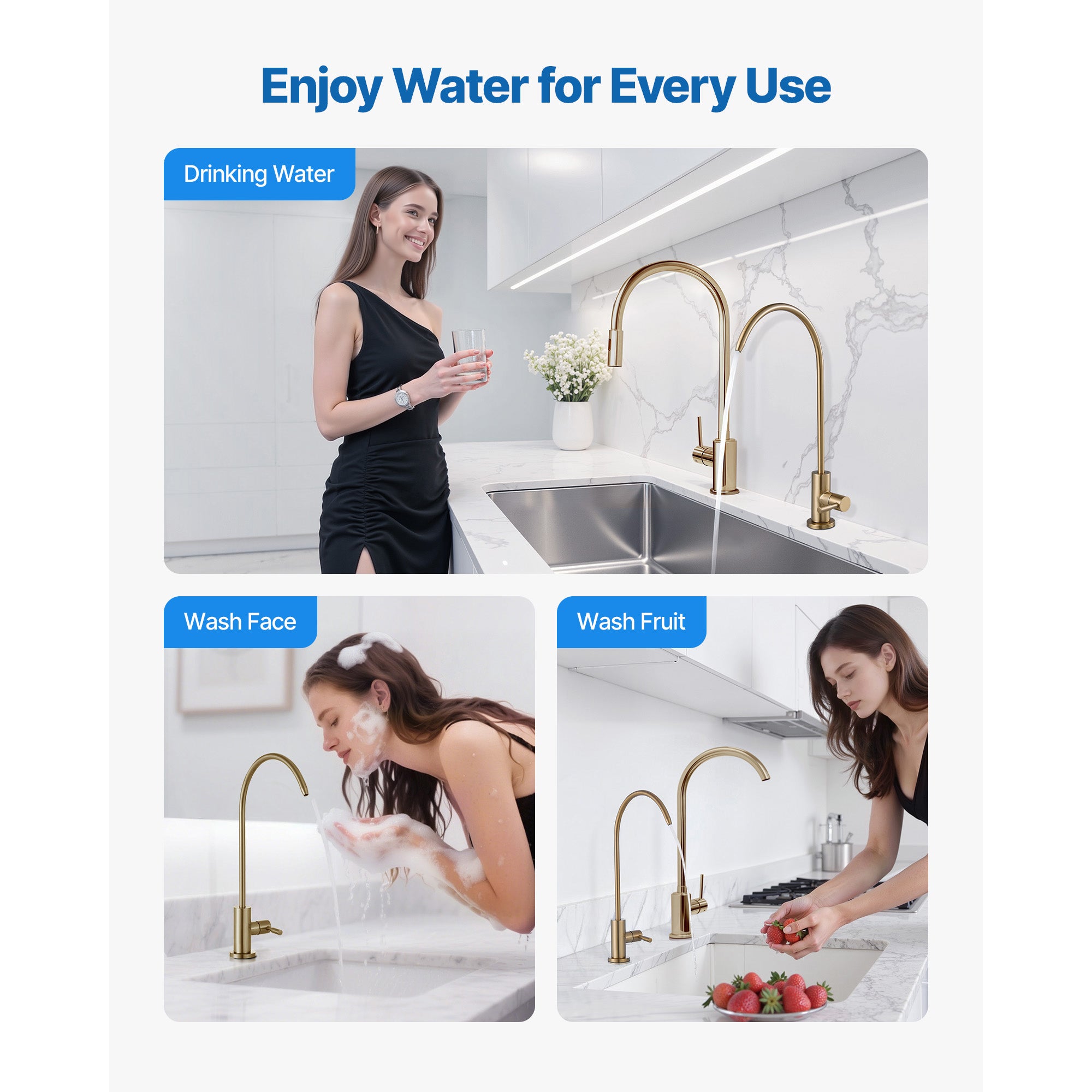 Stainless Steel Faucet, Lead-Free Water Purifier Faucet, Filter Water Faucets With Solid Brass Valve, Anti-Rust & Durability Ro Water Faucets For Kitchen, Bar Counter, Cafe Shop, Brushed Gold