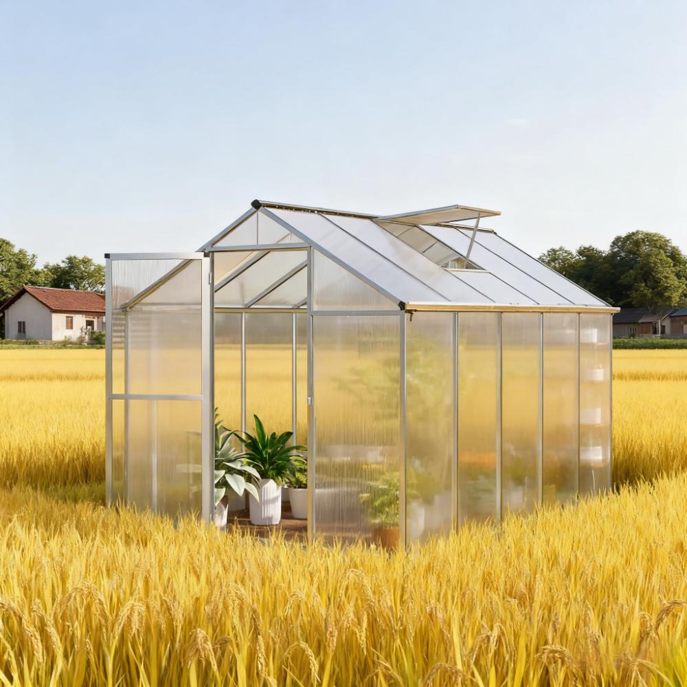 10ft x 6ft Heavy‑Duty Aluminum Walk‑In Greenhouse — Polycarbonate Panels Roof Vent & Rain Gutters Silver