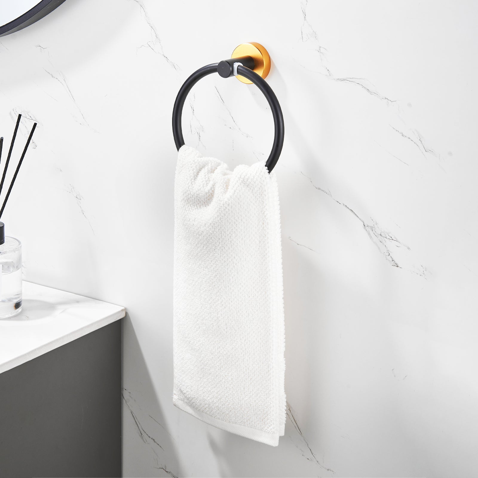 6-Piece Black Gold Bathroom Hardware Set – 23” & 16” Towel Bars, Hooks, Ring, TP Holder