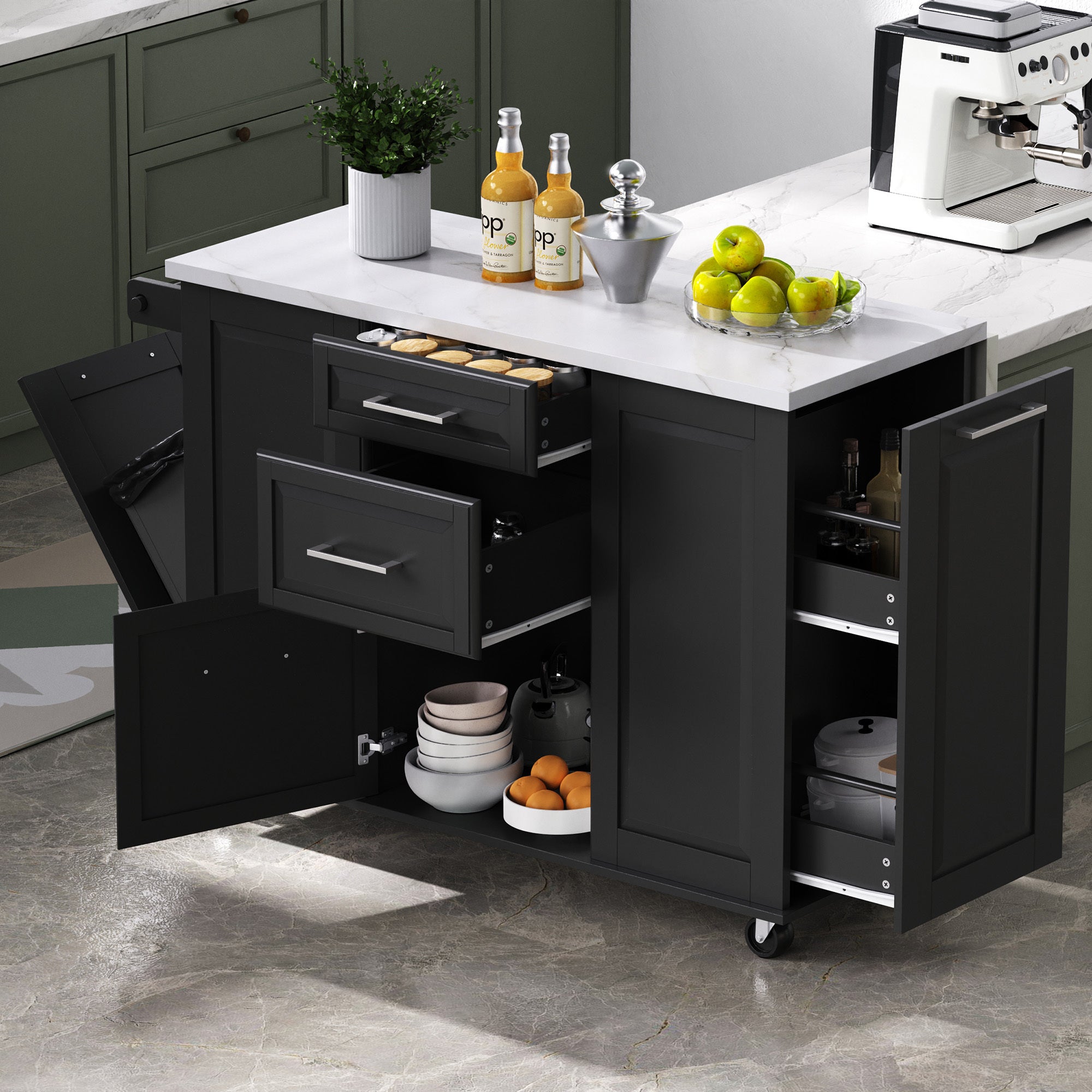 Kitchen Island with Tilt Trash Can Cabinet, Pull-Out Organizer, Drop Leaf & Wheels, 50.7 in.