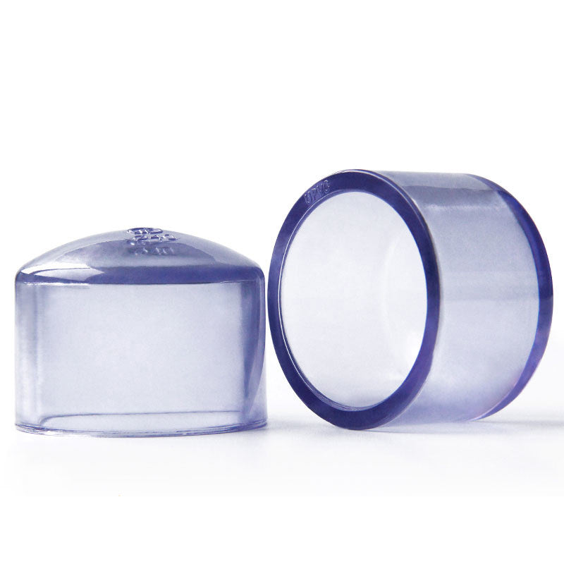 Multi-angle display of transparent pipe caps showing installation features