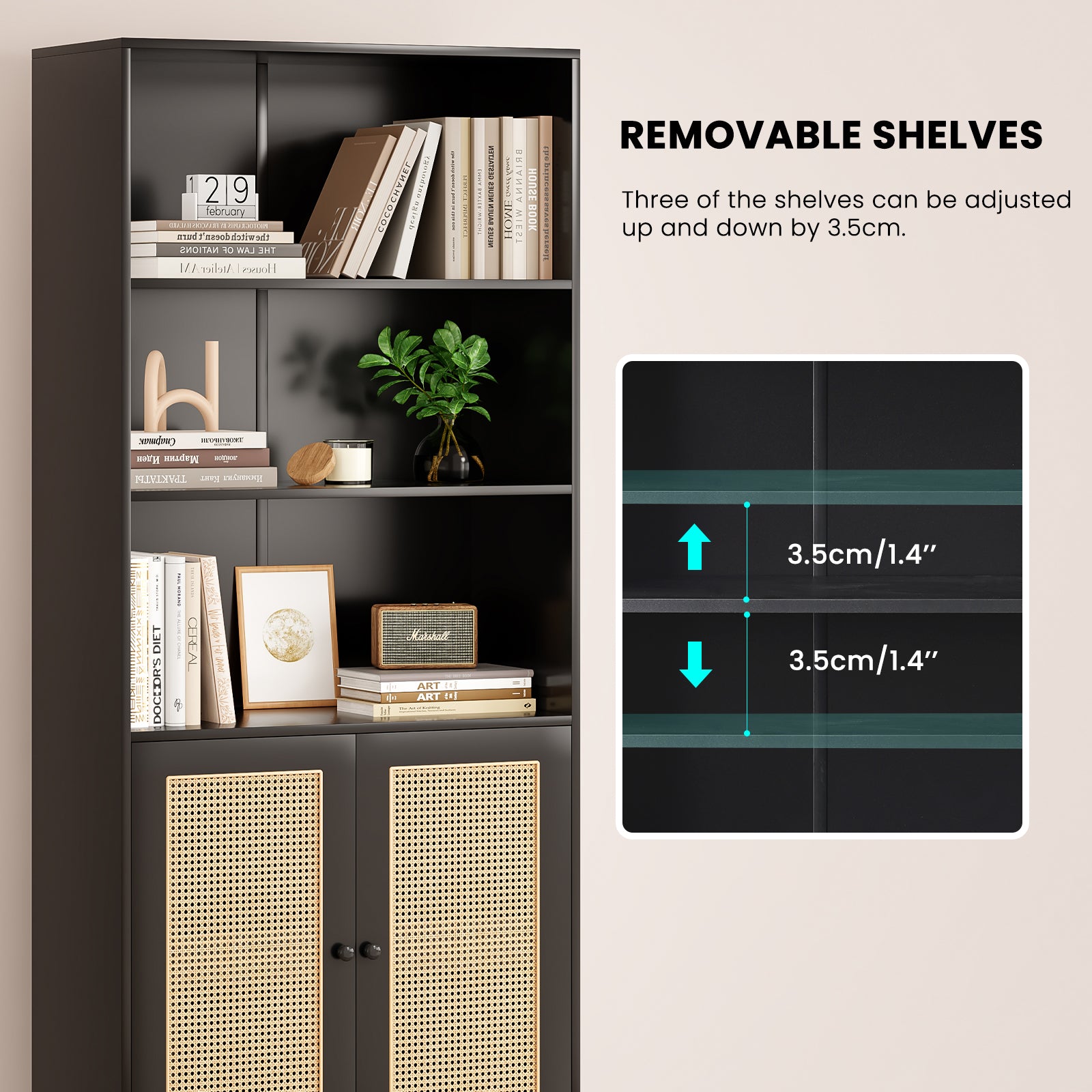Tall Bookcase with Rattan Doors,5 Tier Storage Wood Shelves Large Bookshelf for Library Living Room Bedroom Home Office,Black