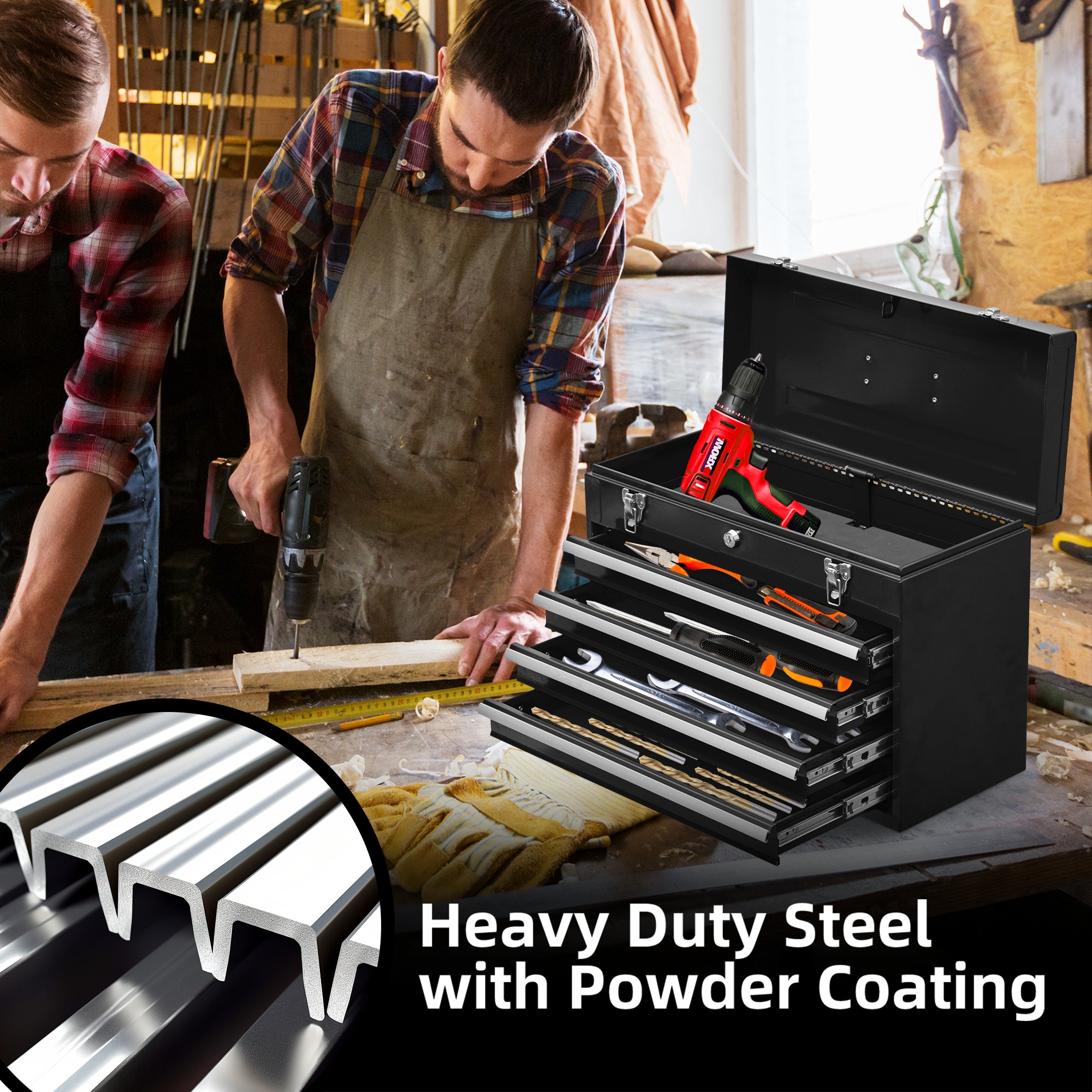 4-Drawer Steel Tool Chest – Portable Metal Tool Box with Cylinder Lock & Powder Coat