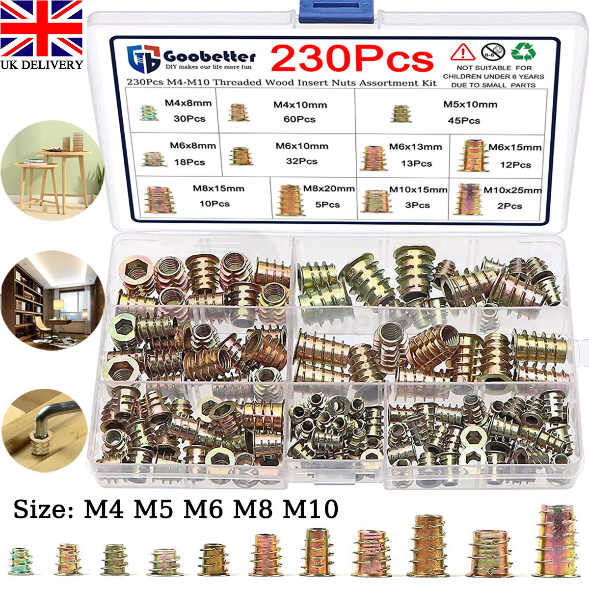 230x M4-M10 Threaded Inserts Nuts Set Hex Drive Fixing Type D Wood Screw Inserts