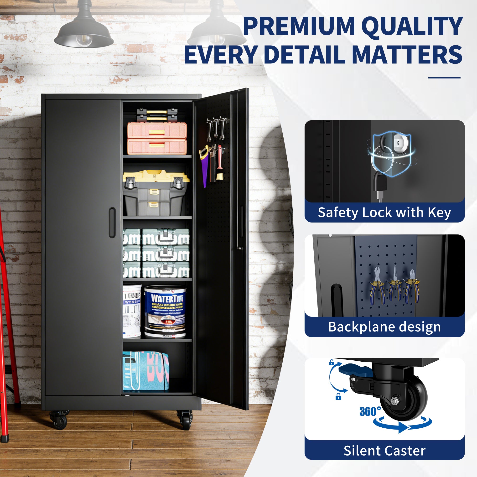 71" Lockable Metal Garage Storage Cabinet with Pegboard Doors & Wheels, 4 Adjustable Shelves, 900 lb Capacity