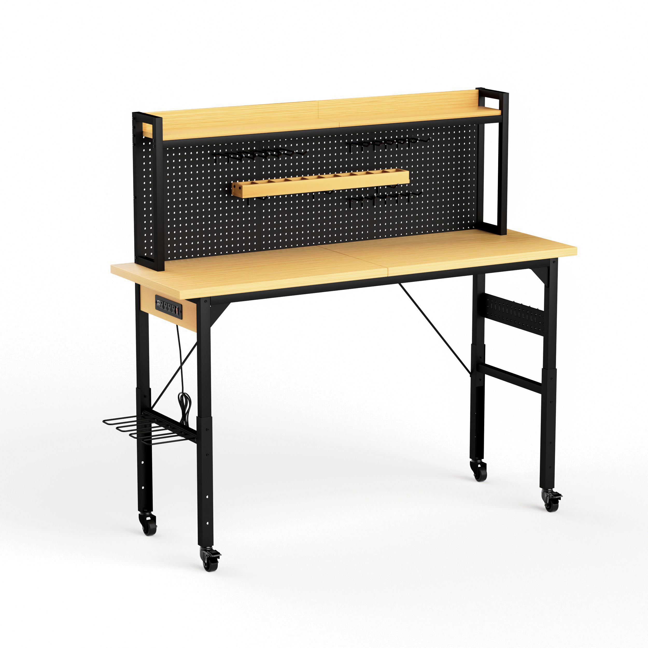 71" Adjustable Rolling Workbench with Pegboard, 1600 lb Capacity, AC Outlets, USB Ports & 18 Hooks, Natural