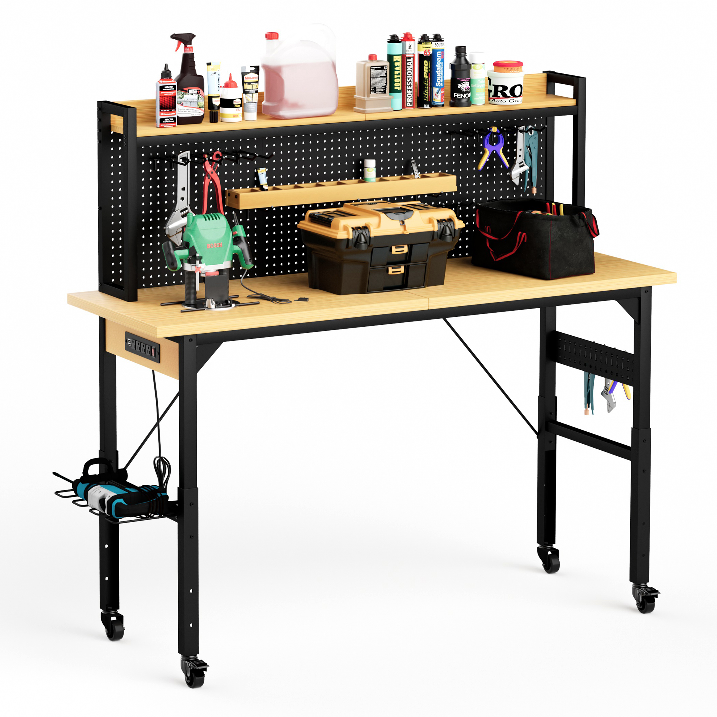 71" Adjustable Rolling Workbench with Pegboard, 1600 lb Capacity, AC Outlets, USB Ports & 18 Hooks, Natural
