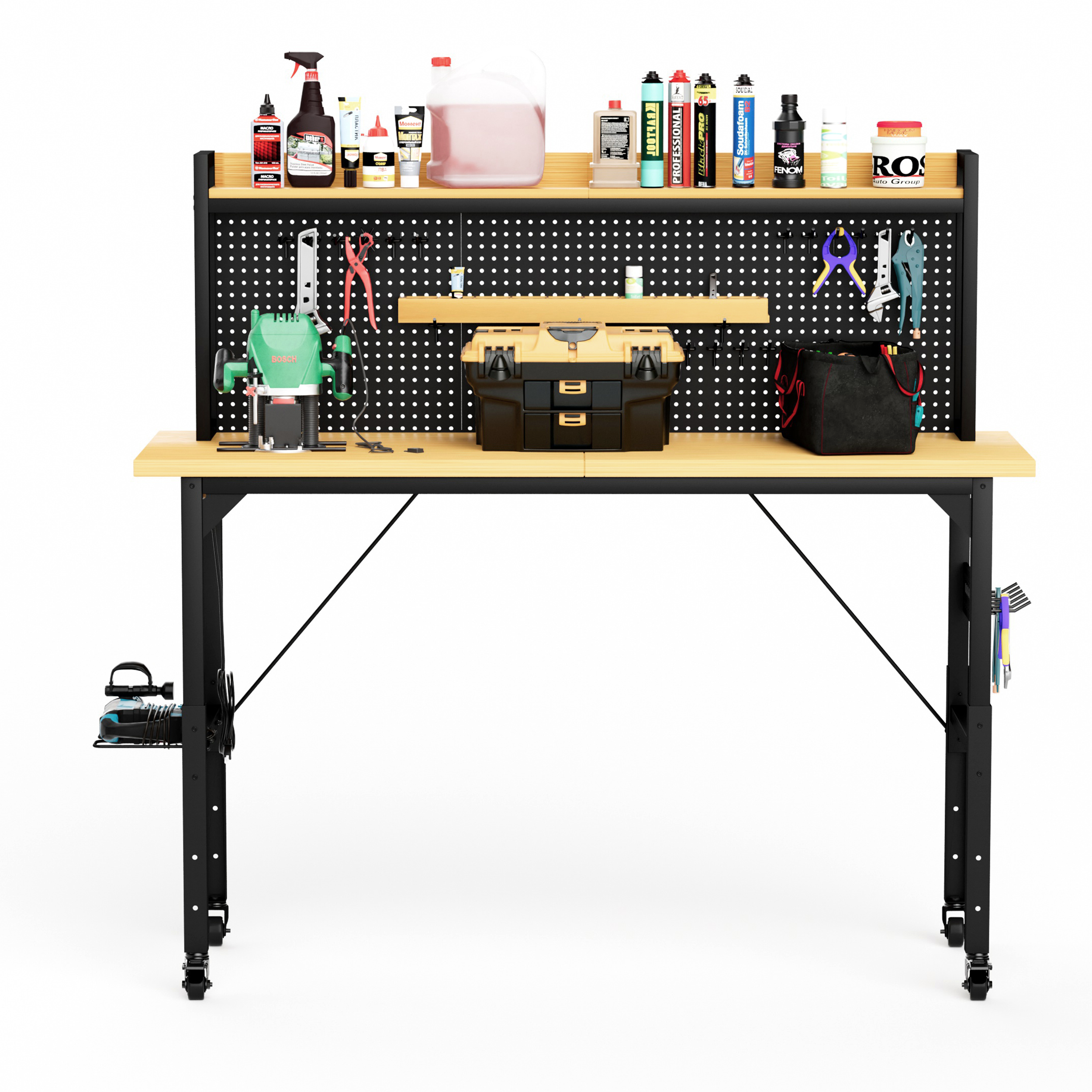 71" Adjustable Rolling Workbench with Pegboard, 1600 lb Capacity, AC Outlets, USB Ports & 18 Hooks, Natural