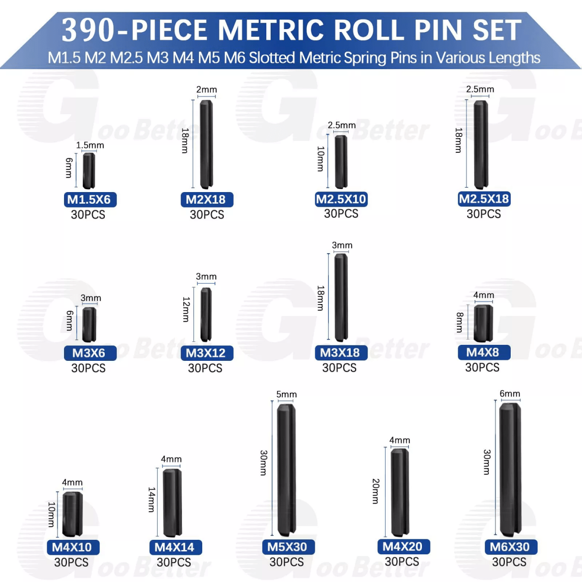 390 Pcs Steel Split Spring Dowel Fension Roll Pin Assortment Kit 13 Sizes - HomeDIYer