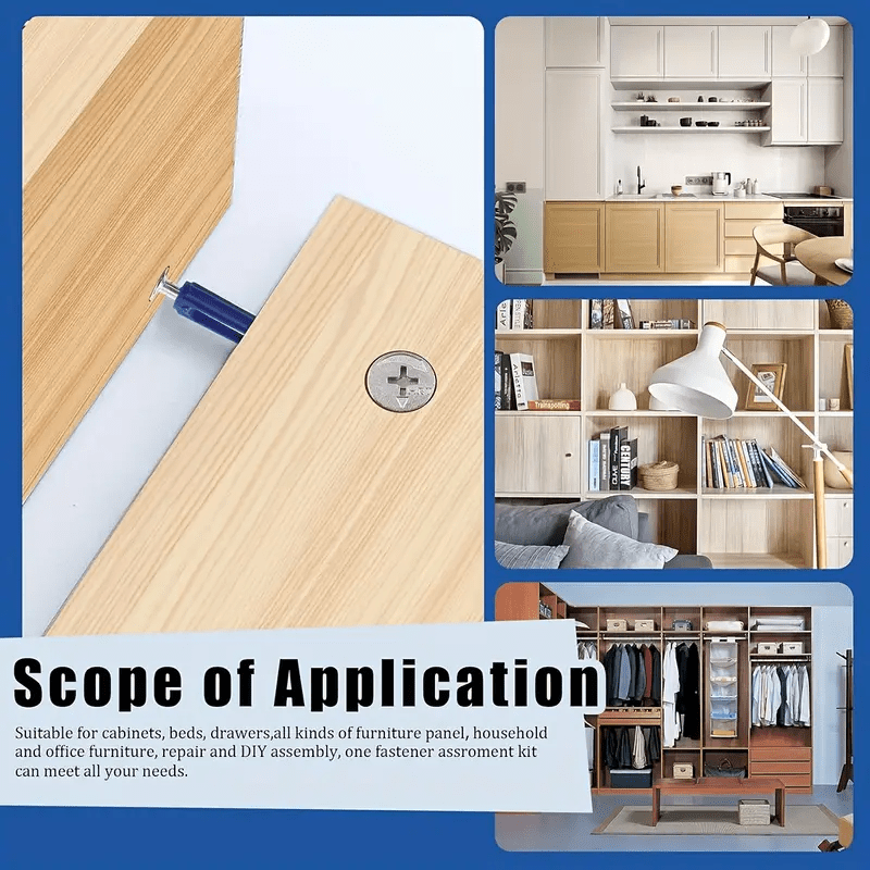 220 - Pack 3 - in - 1 Cam Fittings Furniture Assembly Kit with Dowel, Pre - Inserted Nut, 40mm Rod, Blue, and Multi - Size Repair Spare Parts Nut & Bolt Assortment Sets for Easy Install of Cabinets, Wardrobes Panels & More - HomeDIYer